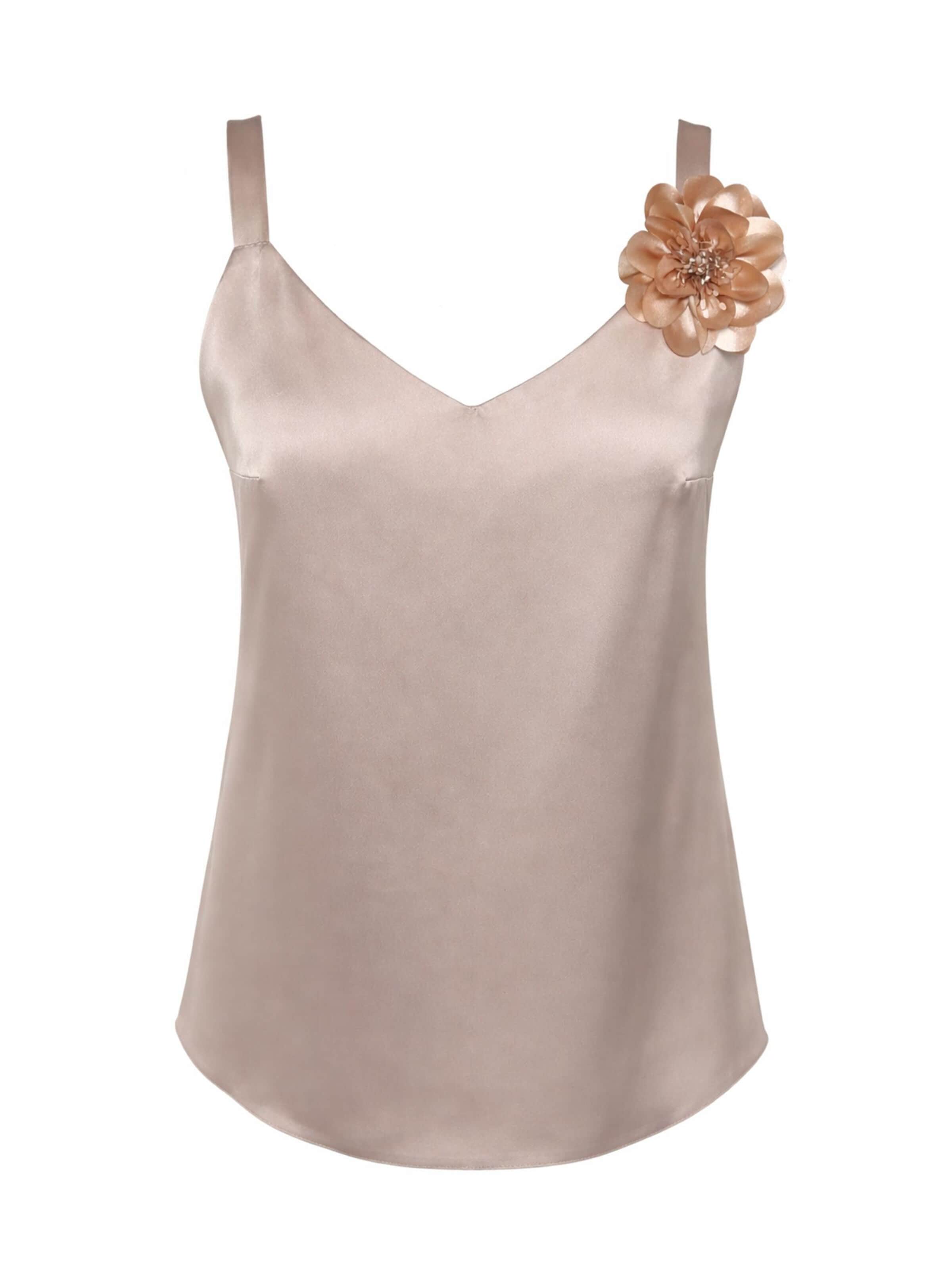 REGINA FASHION Top 'V-Neck Satin Top with 3D Flower Detail' in Beige: voorkant