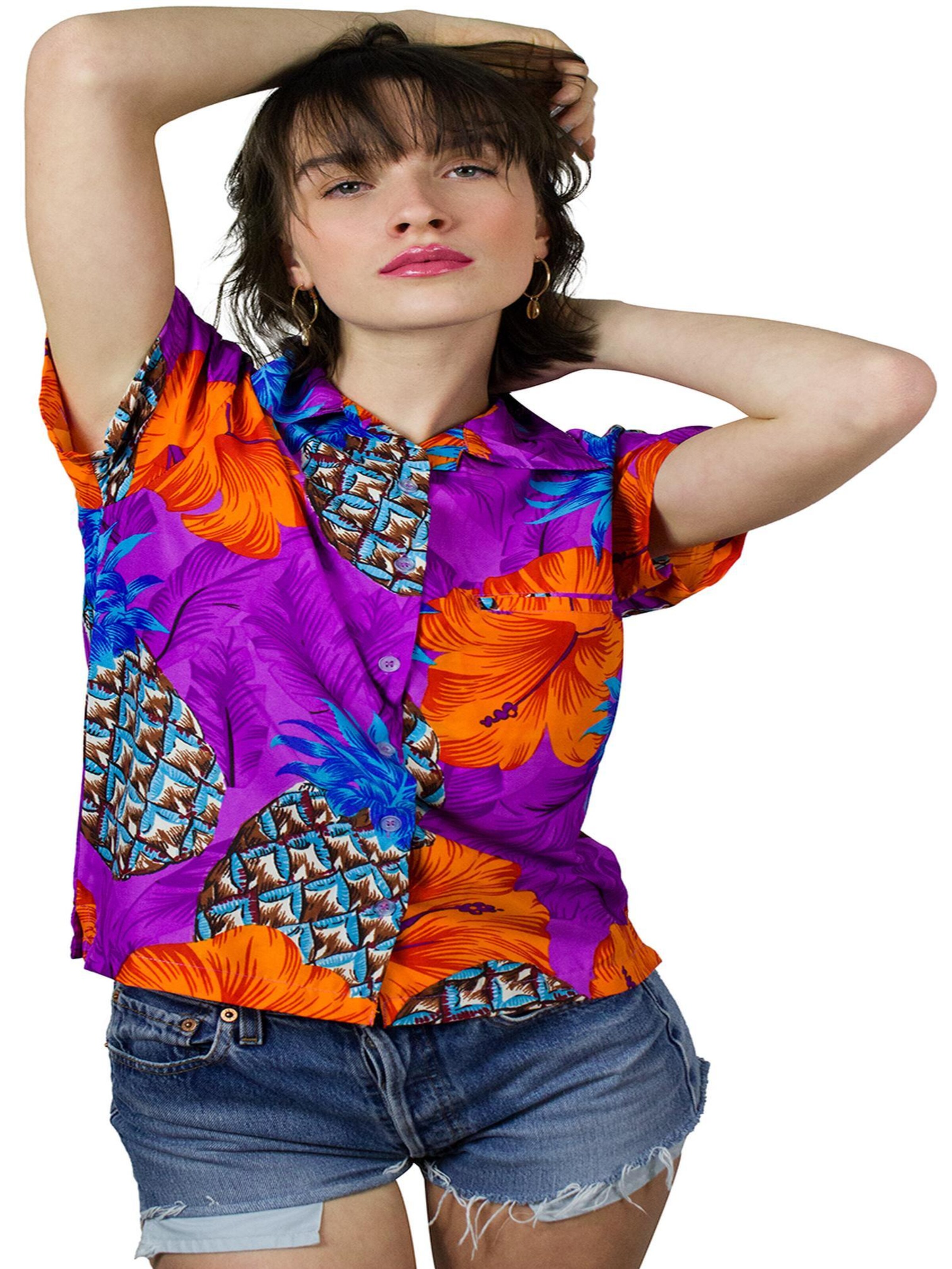 King Kameha Bluse 'Pineapple Hibiscus Shadow Line'‌‌ in Lila