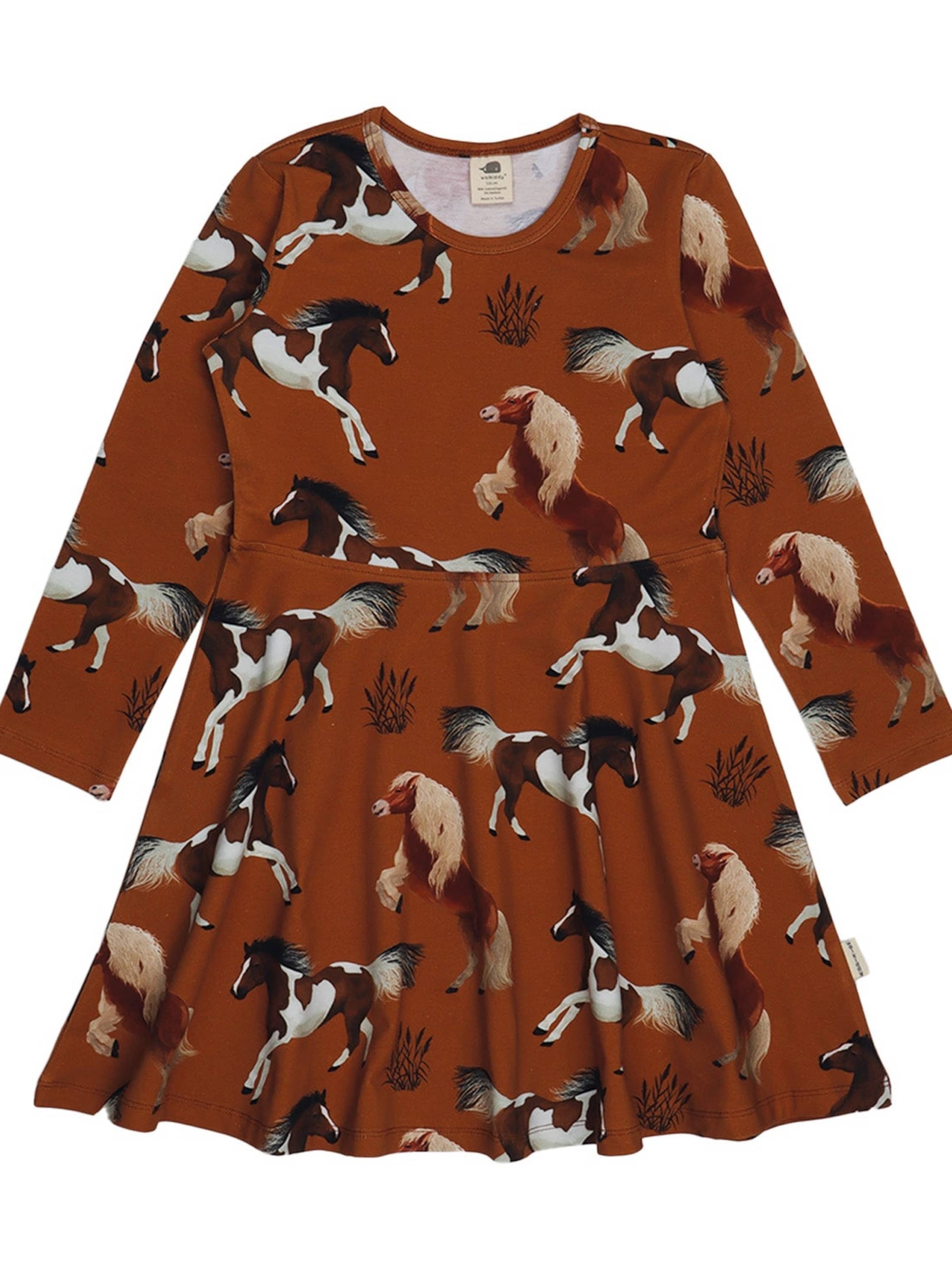 Walkiddy Dress 'Joyful Horses' in Brown: front