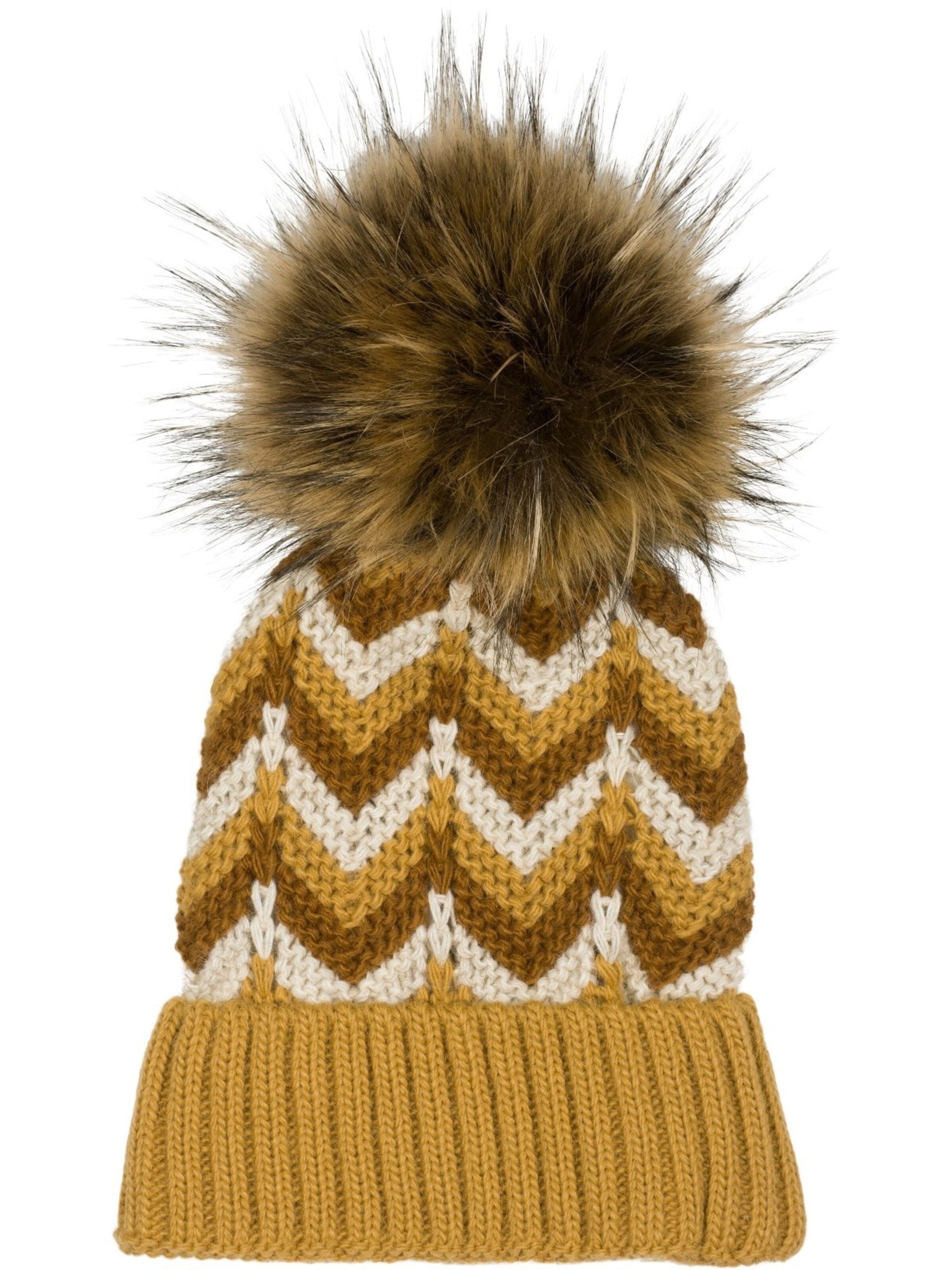 styleBREAKER Mütze 'Strick Bommelmütze mit Zick-Zack Muster'‌‌‌‌‌‌‌‌ in Beige: Vorderseite