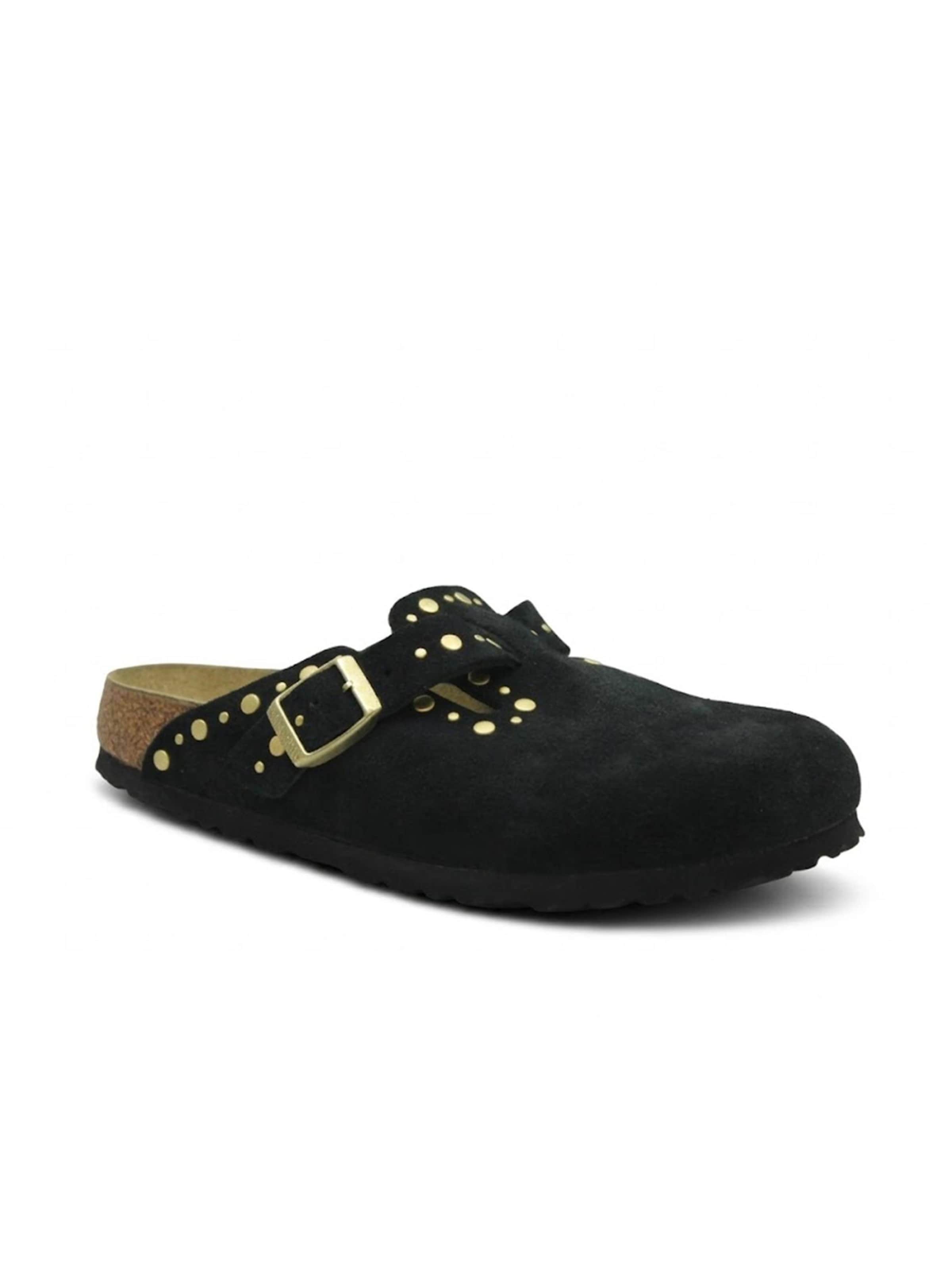 Mule 'BIRKENSTOCK BOSTON RIVET BORDER 1030491 black borchie ciabatta zoccolo donna fibbia camoscio' BIRKENSTOCK en noir : devant