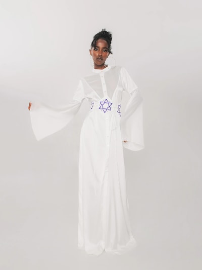 Abito 'UVIA Vestido evasé de lino con detalles gráficos' in 36 UVIA di colore bianco, Visualizzazione prodotti