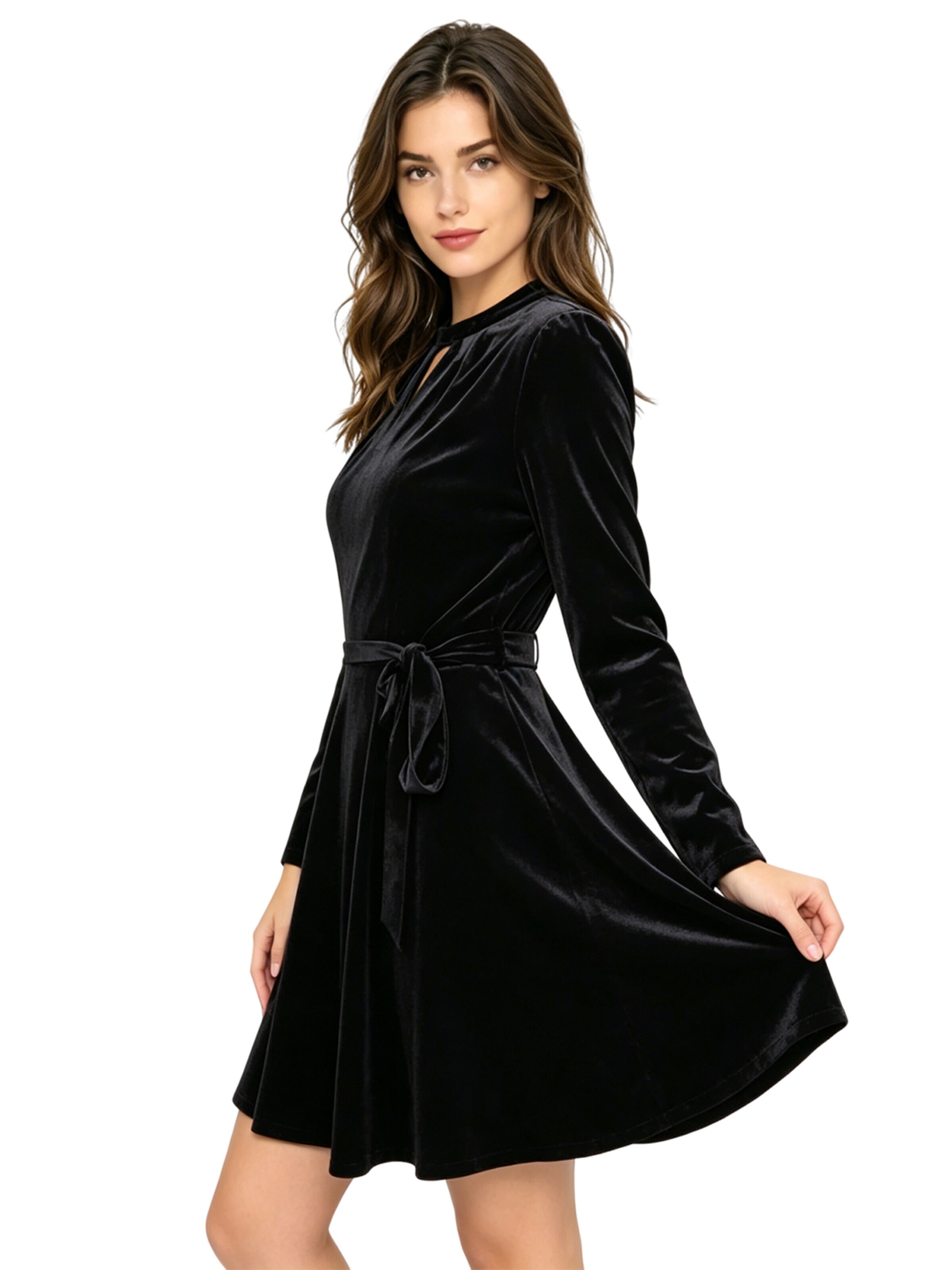 KoJooin Kleid 'Knielanges Samtkleid Langen Ärmeln Gürtel Damen Abschlusskleid für Party'‌‌‌‌‌‌‌ in Schwarz