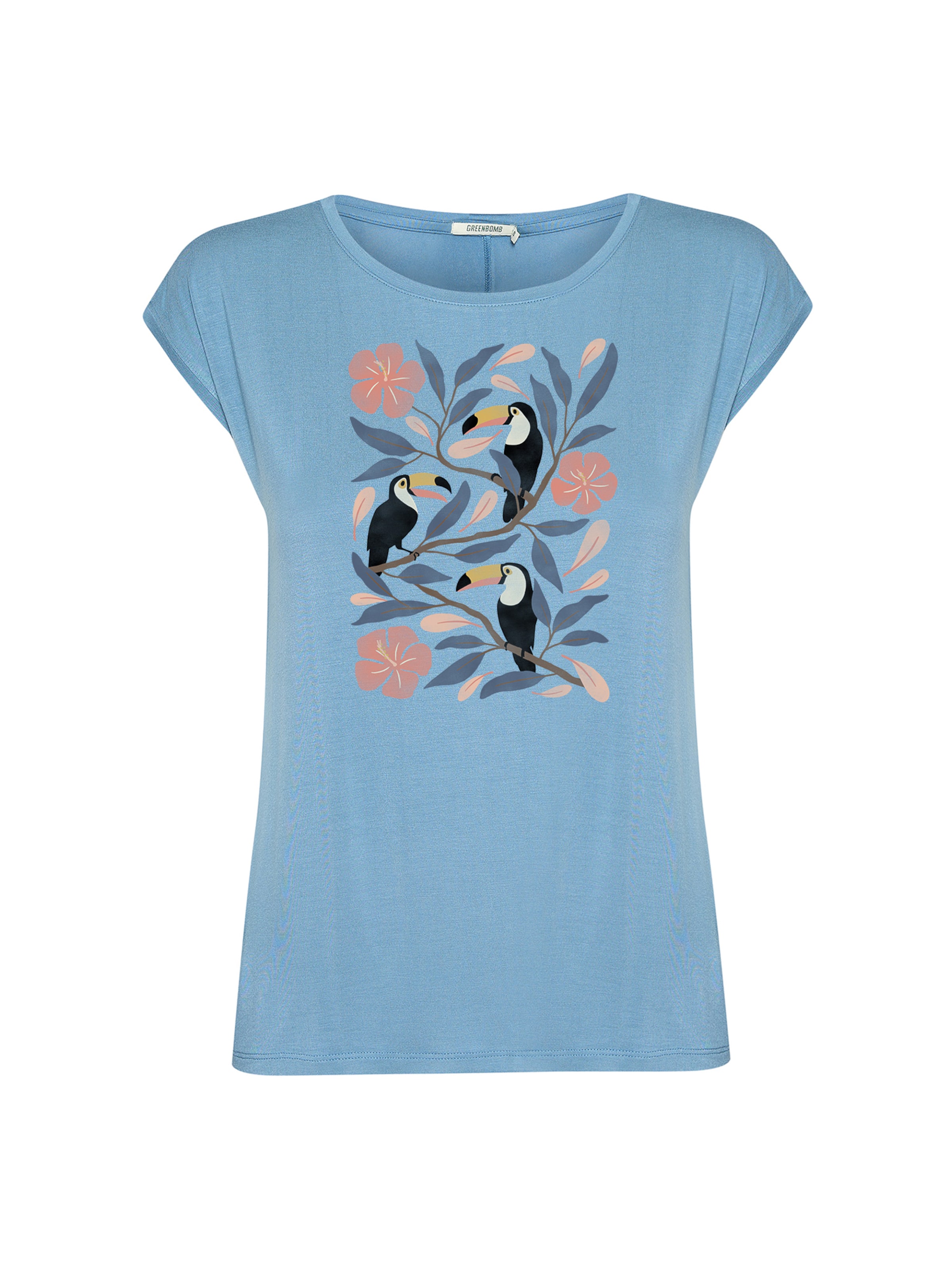 GREENBOMB T-Shirt 'Timid Tucan Flower' in Blau: Vorderseite
