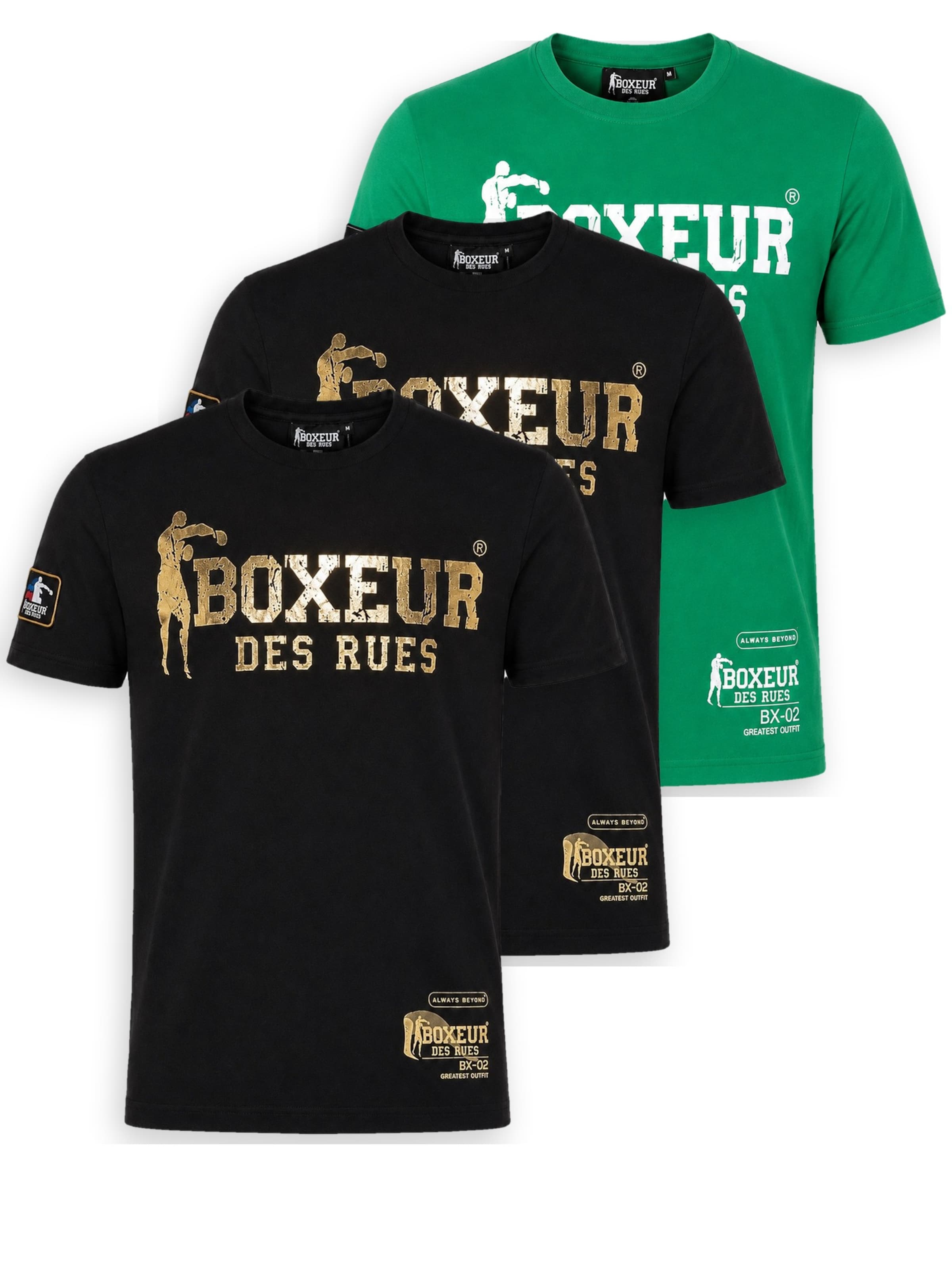 Boxeur des Rues Shirt 'Herren T-Shirt 3er-Pack Boxeur des Rues Slim Fit: 2 x Schwarz, Goldenes Logo + Grasgrün, Weißes Logo'‌‌‌‌‌‌ in Mischfarben: Vorderseite