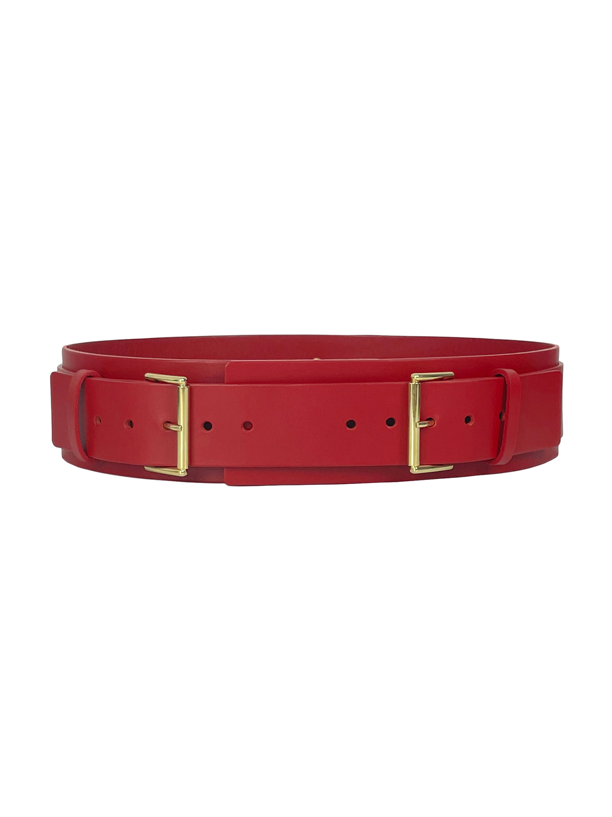 Haute Cuir Belt 'Double Buckle' in Red: front