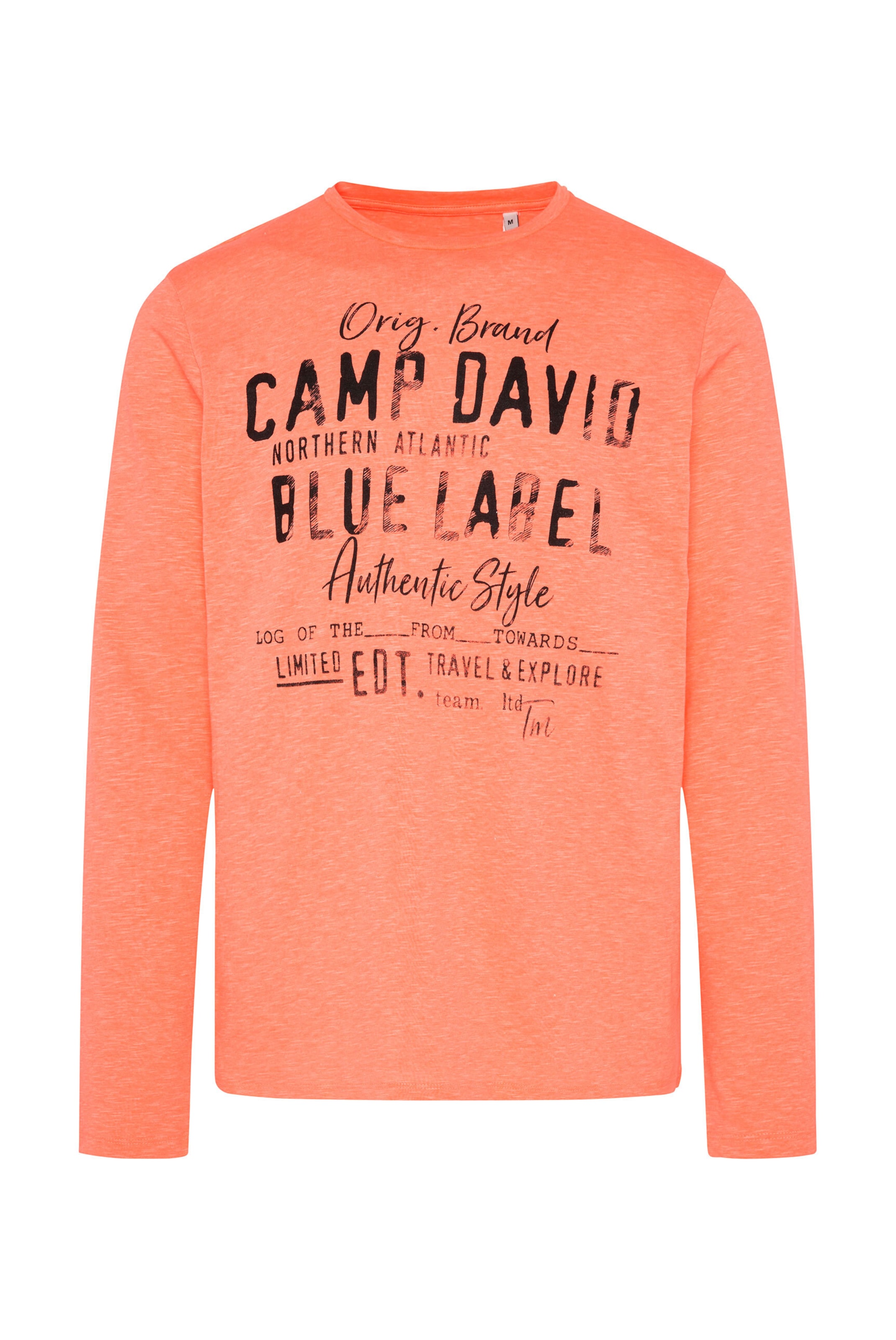 CAMP DAVID Longsleeve mit Label Print im Used Look in Orange: Vorderseite
