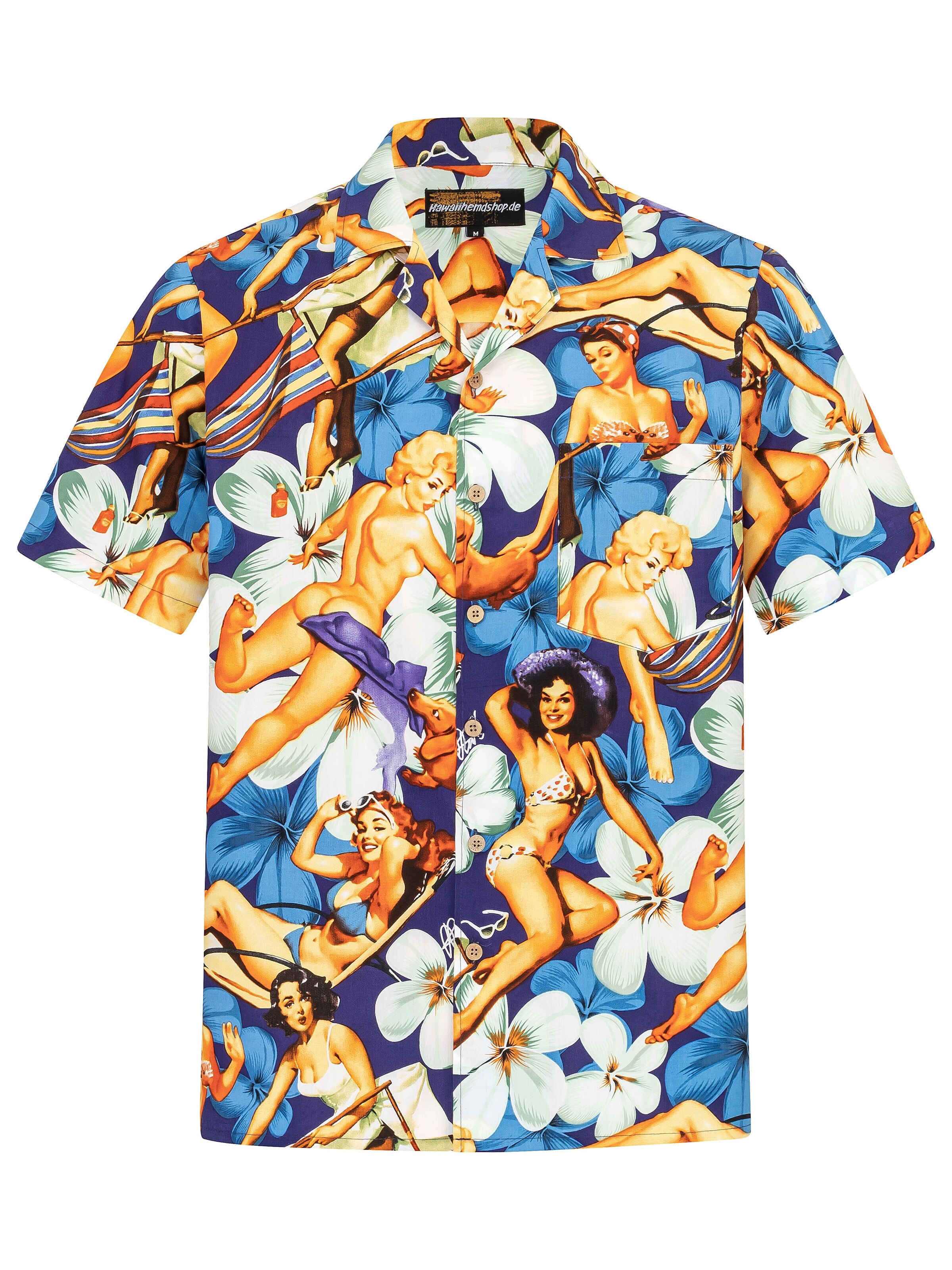 Regular fit Camicia 'Hawaiihemd Flower Girls (blue) 2.0' di Hawaiihemdshop.de in blu: frontale