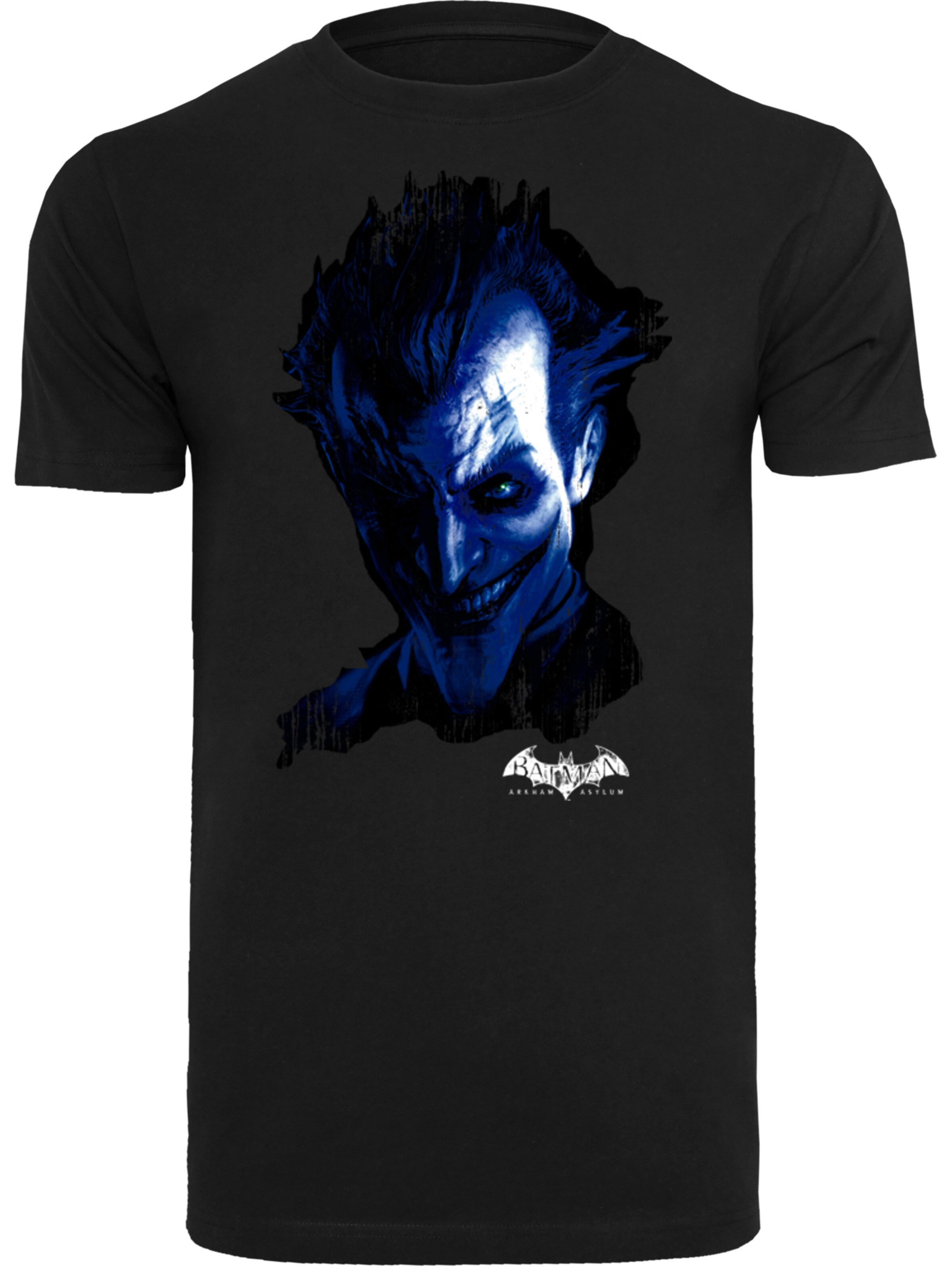 F4NT4STIC Shirt 'DC Comics Batman Arkham Asylum Joker Face Distress' in Zwart: voorkant