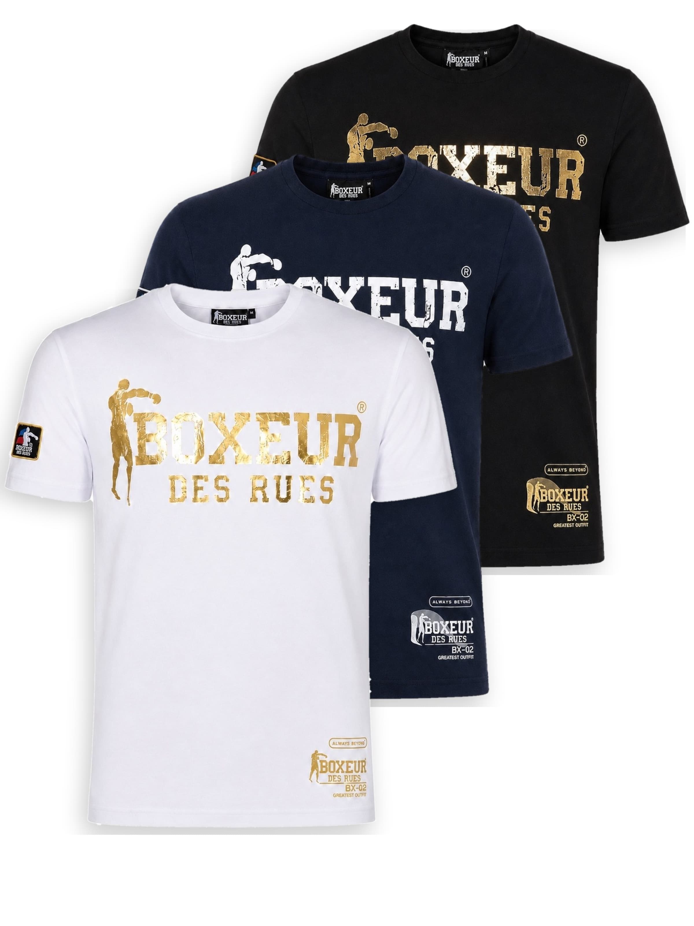 Boxeur des Rues Shirt 'Herren T-Shirt 3er-Pack Boxeur des Rues Slim Fit: Weiß, Goldenes Logo + Marineblau + Schwarz, Goldenes Logo' in Gemengde kleuren: voorkant