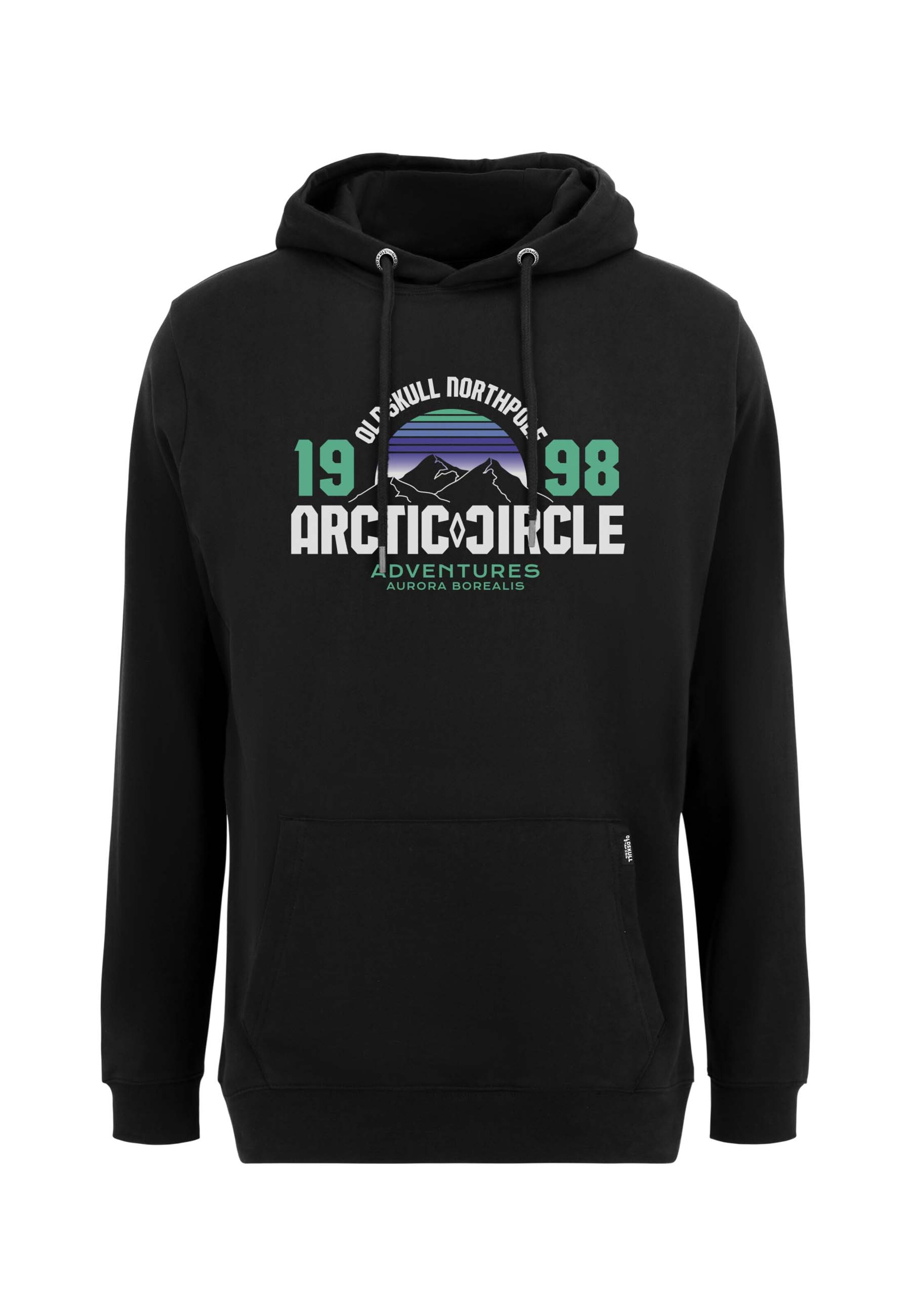 Oldskull Kapuzenpullover 'Wrldvibe Aurora Mountain Quest Graphic' in Schwarz: Vorderseite