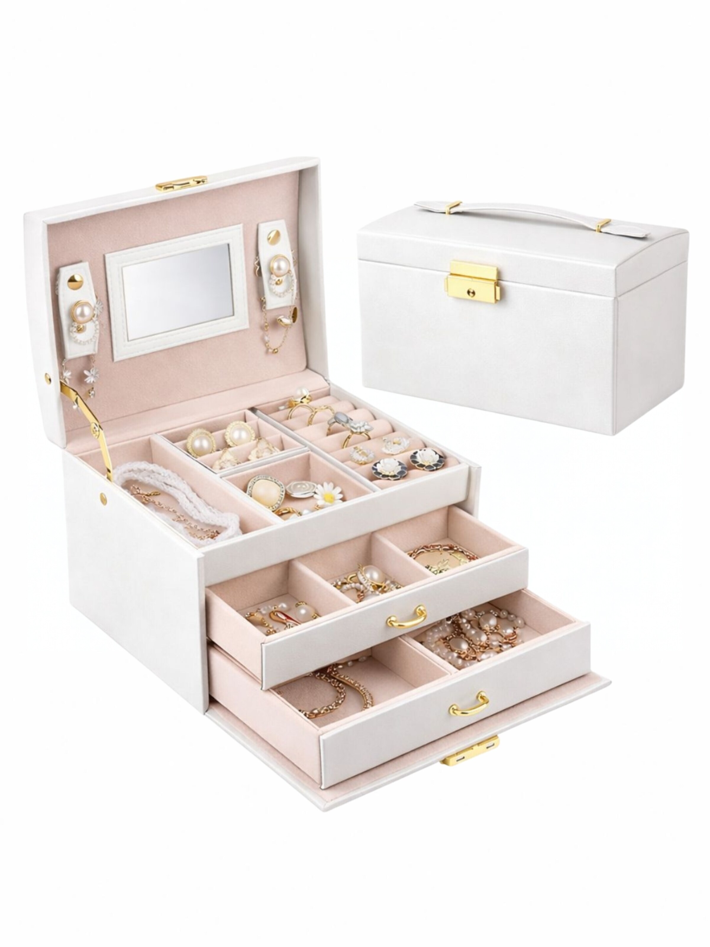 Casetă bijuterii 'Nellia Jewellery Box – Lockable Organiser with Mirror & 2 Drawers (Cream White)' de la UNIQ Beauty pe alb