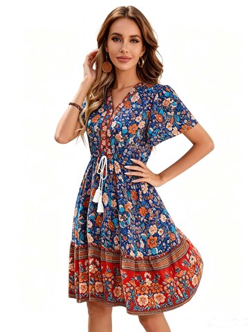 KoJooin Sukienka 'Damen Sommerkleid mit Kurzarm, platziertem Blumenprint und lässigem Boho-Look' w kolorze niebieski