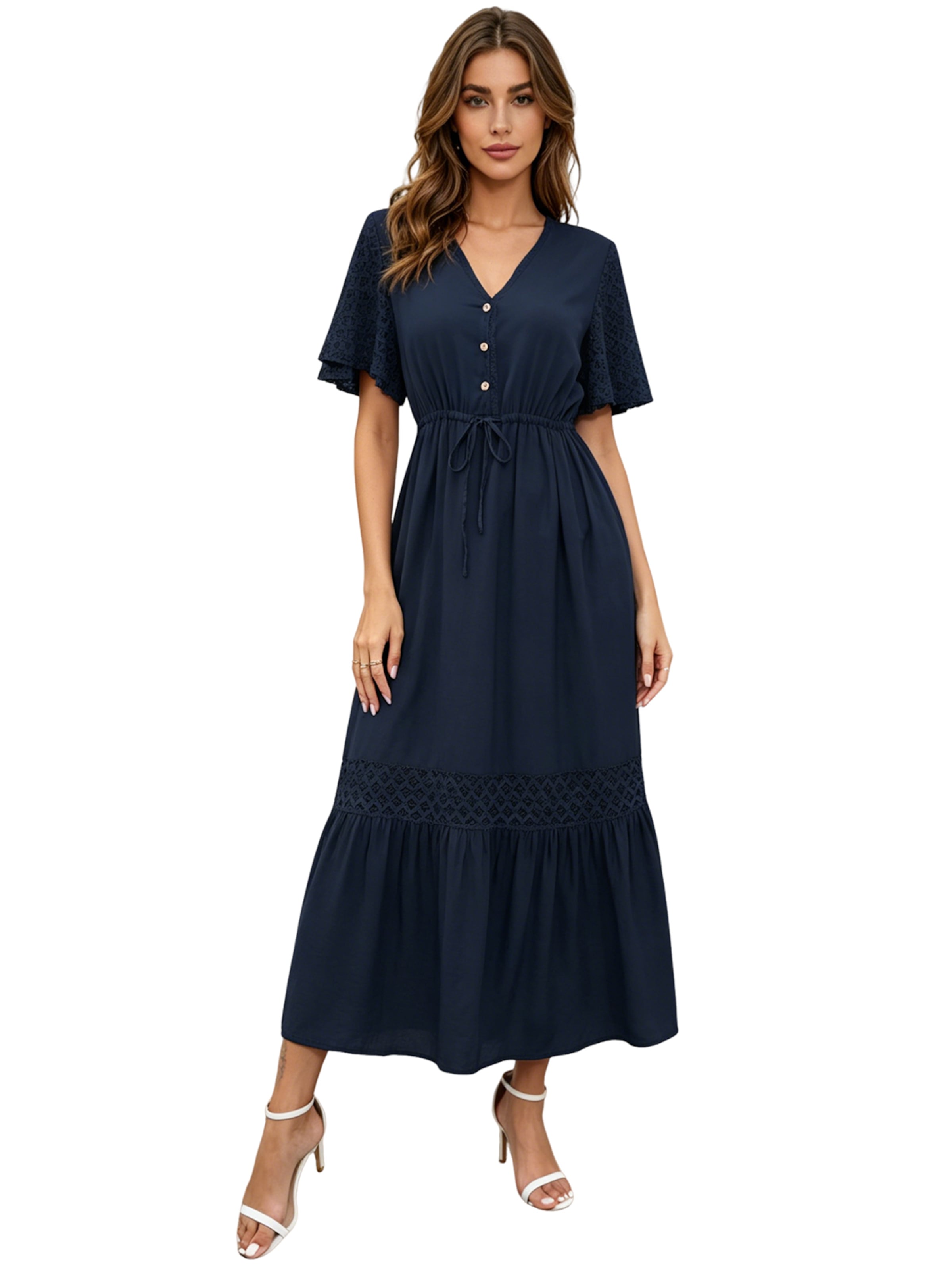 KoJooin Dress 'Maxikleid Damen V-Ausschnitt Spitzenärmel Langes Sommerkleid für Urlaub and Alltag' in Blue: front