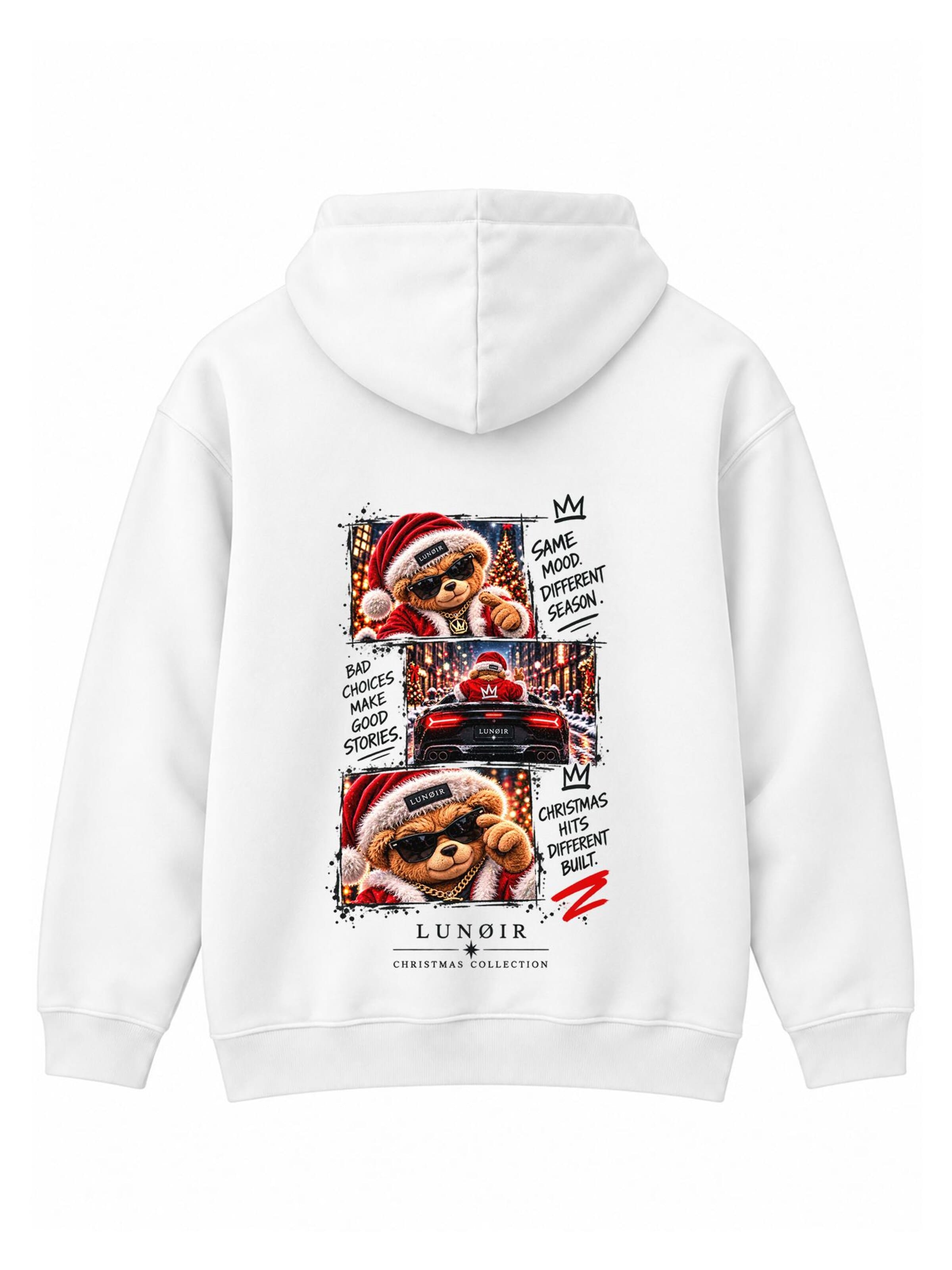 LUNØIR StudioSweater majica 'Christmas Rebel Teddy' - bijela boja: prednji dio