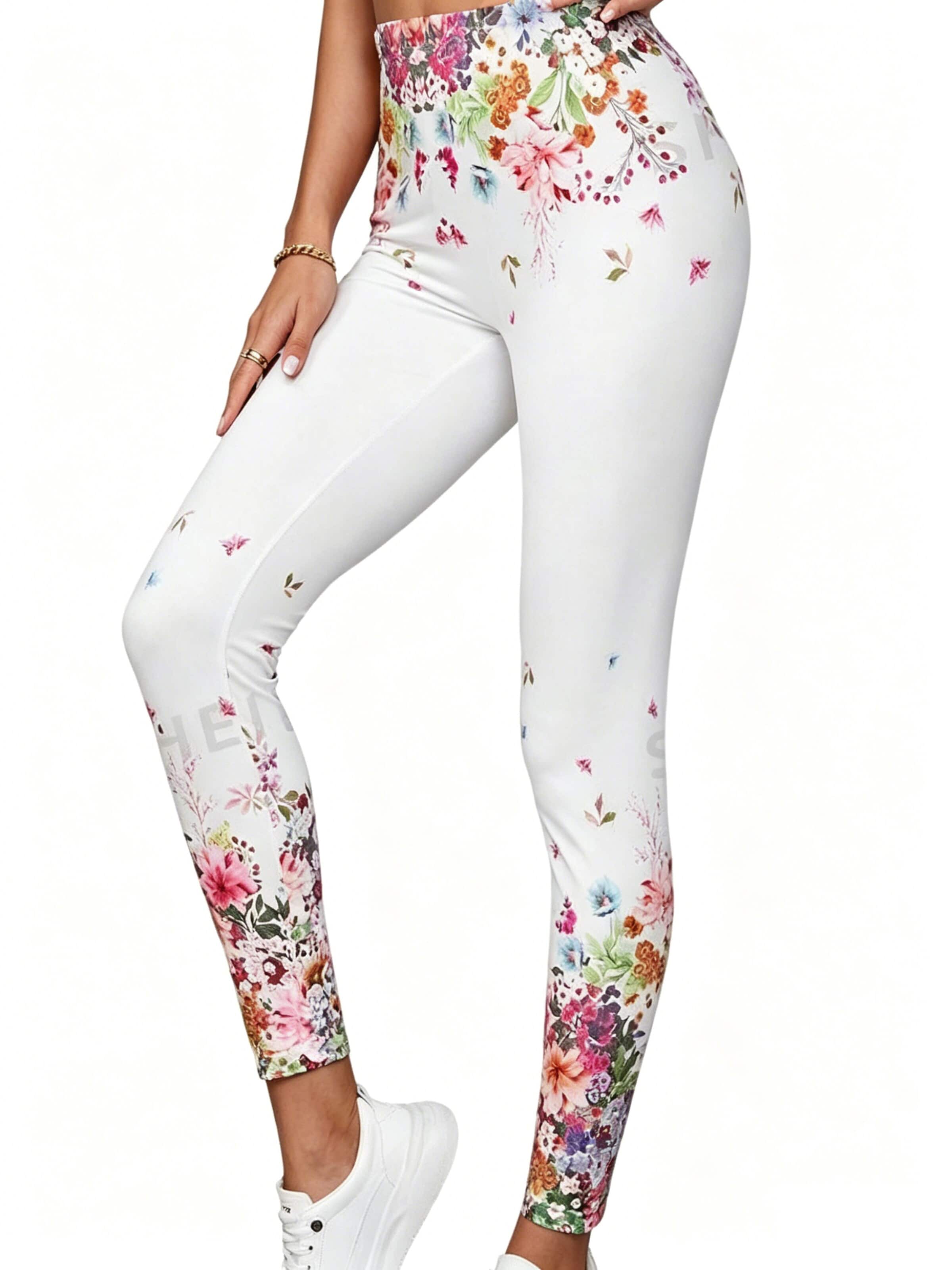 KoJooin Normalny krój Spodnie ludowe 'Damen High Waist Leggings Rundum Floraler Musterprint Stretch Figurbetonte Freizeit Sport Hose' w kolorze biały