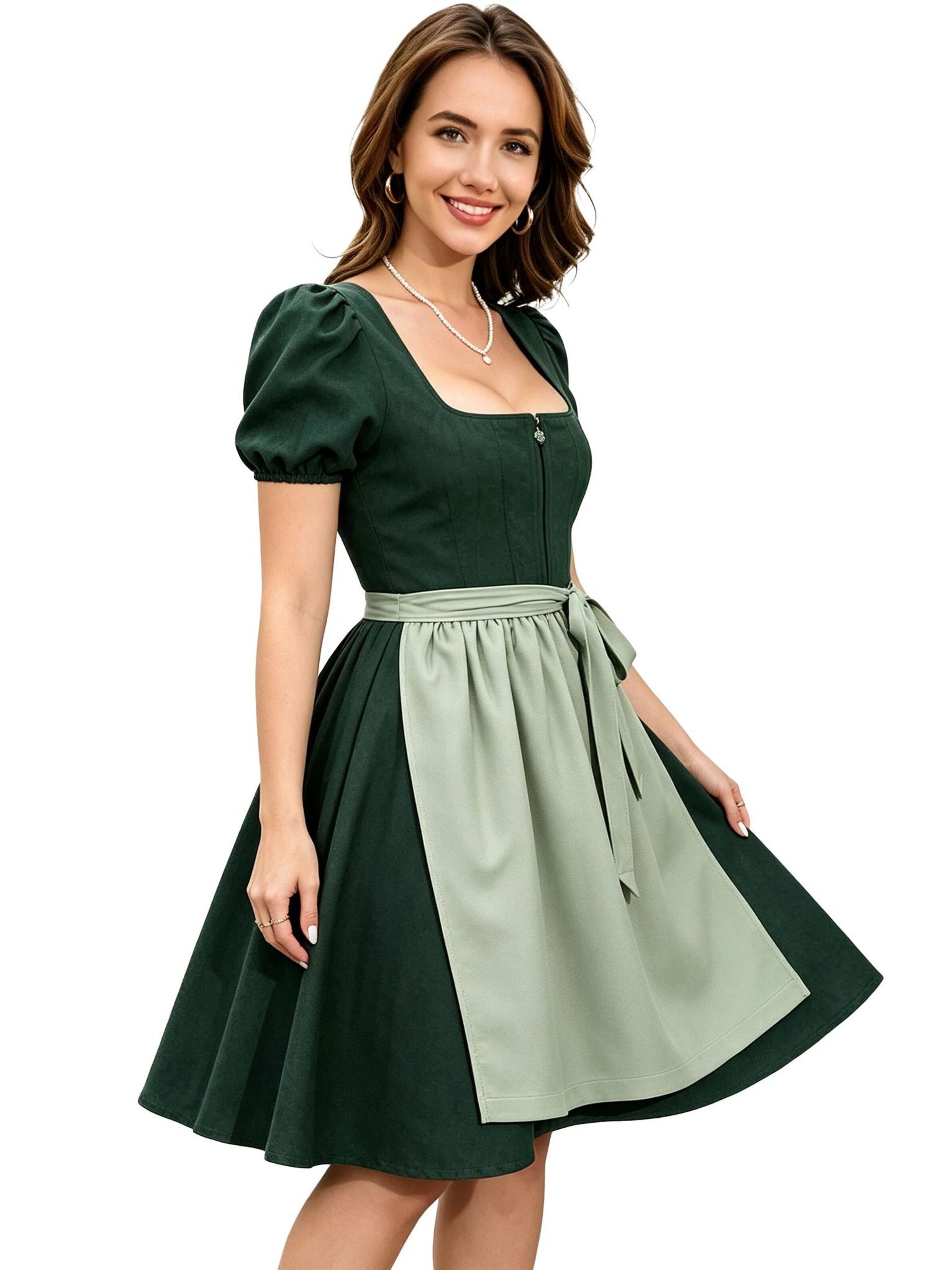 KoJooin Dirndl 'Damen Zweiteiliges Oktoberfest-Set Kunstleder-Optik Kleid mit verstellbarer Schürze Dirndl-Kleid' w kolorze zielony