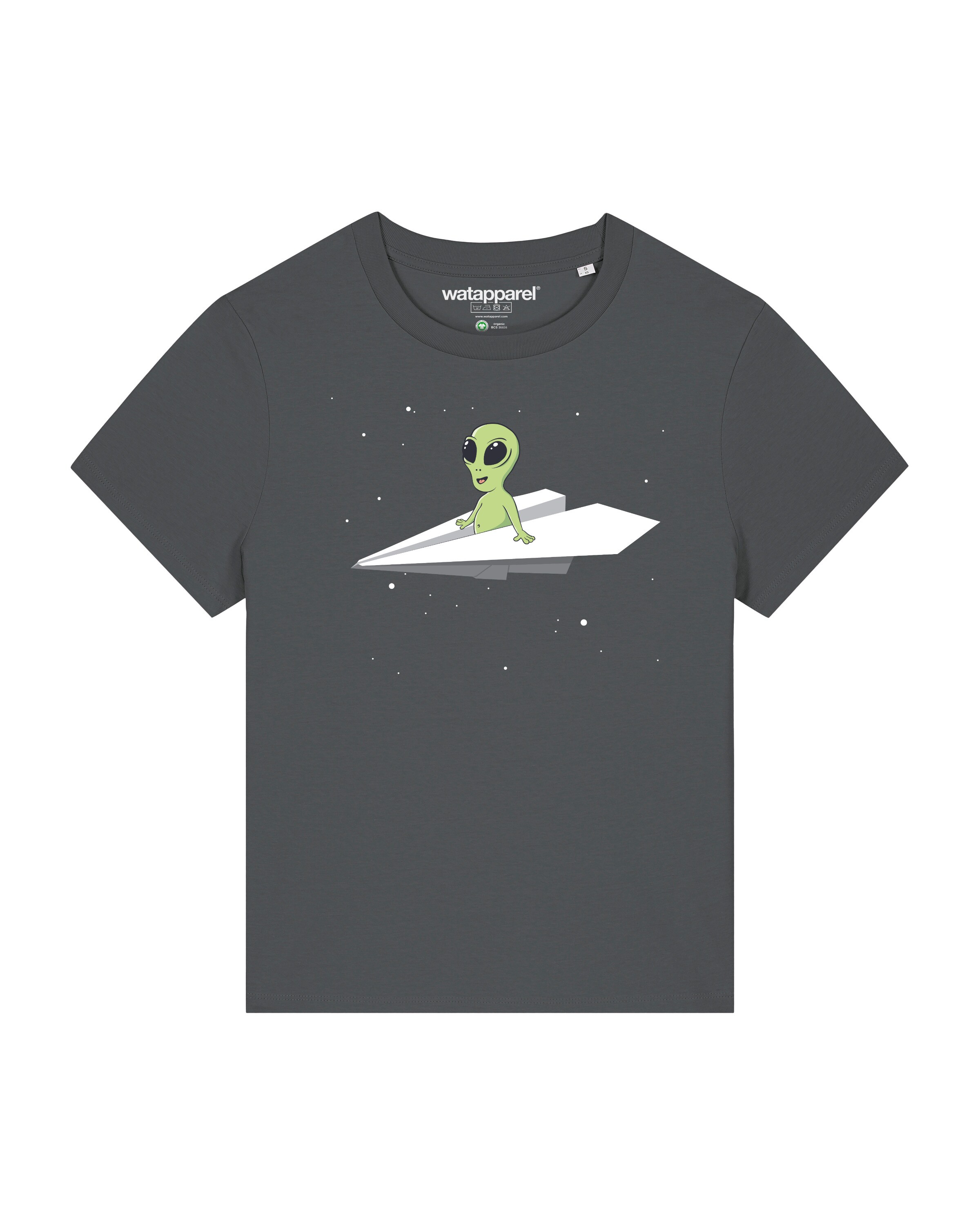 Watapparel Shirt ' Alien on a paper plane ' in Grau: Vorderseite
