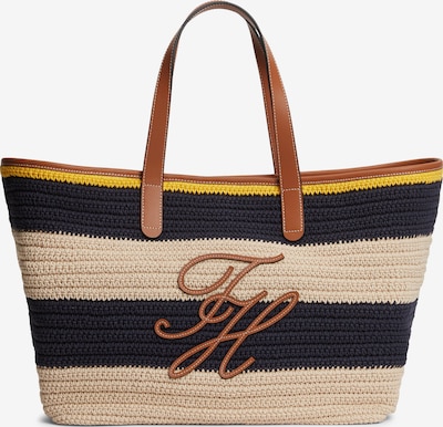One Size dydžio Pirkinių krepšys 'Woven Stripe Logo Appliqué Tote' iš TOMMY HILFIGER, spalva – smėlio spalva / tamsiai mėlyna / karamelės / geltona, Prekių apžvalga