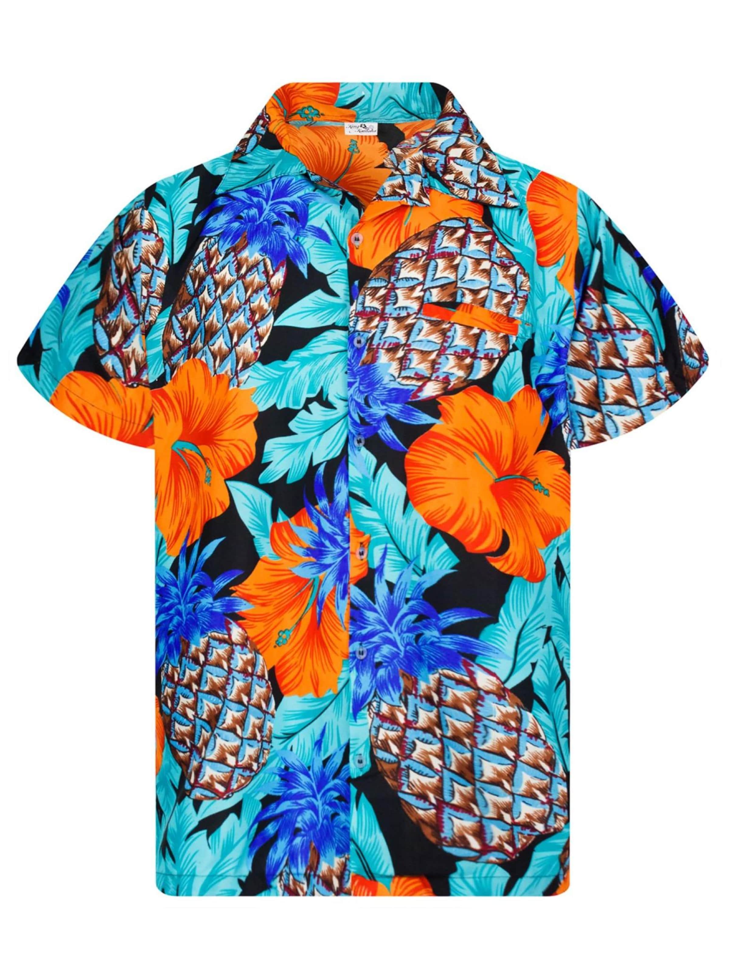 King Kameha Shirt 'Pineapple Hibiscus Black Line' in Blauw: voorkant