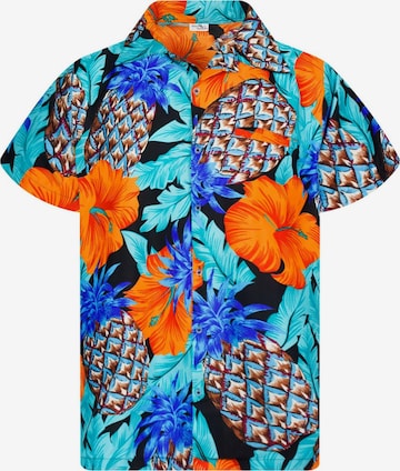 King Kameha Shirt 'Pineapple Hibiscus Black Line' in Blauw: voorkant