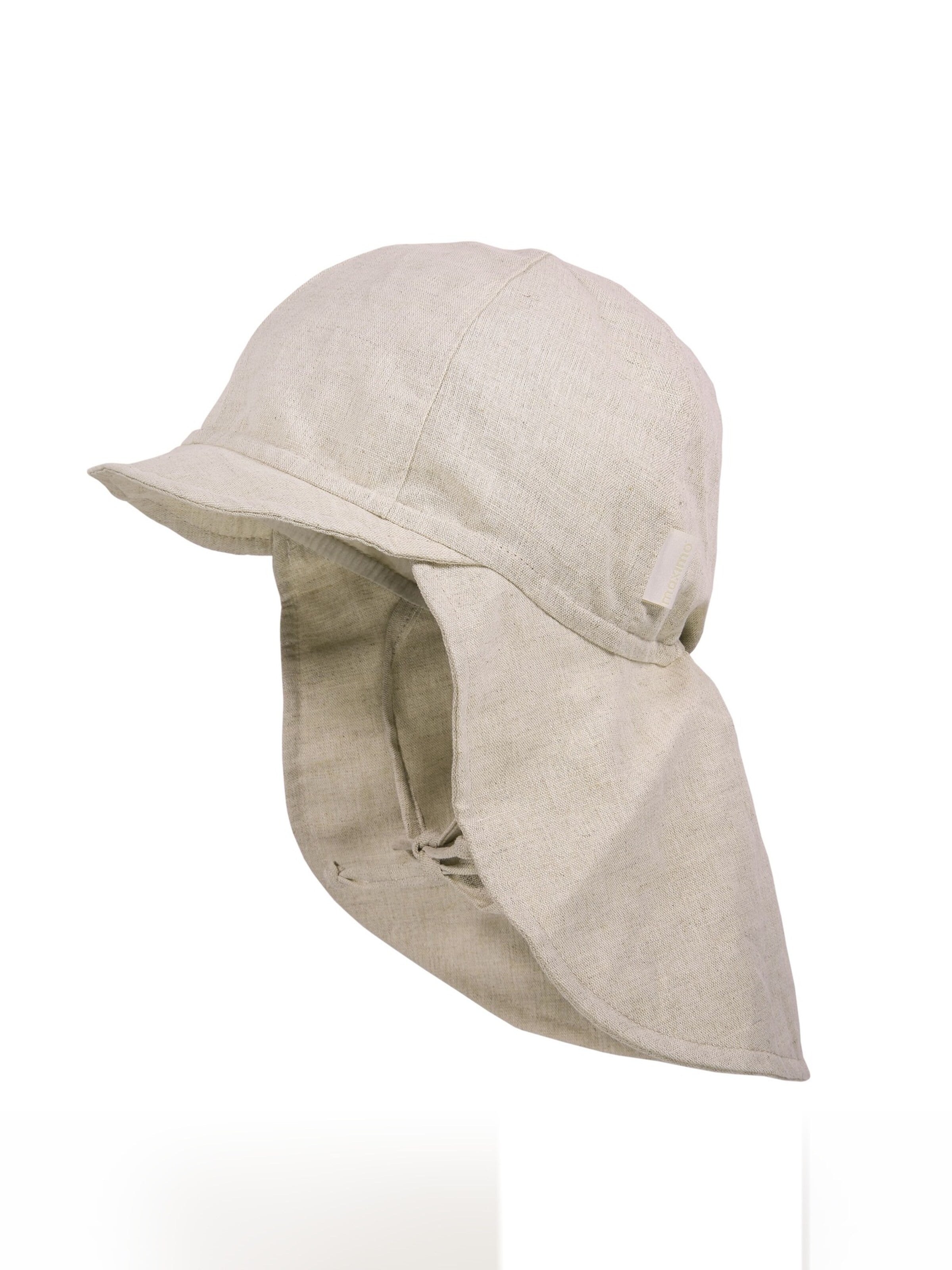 MAXIMO Beanie 'GOTS MINI-Nackenschutzmütze uni, Leinenoptik, Bindeband, Futter' in Beige: front