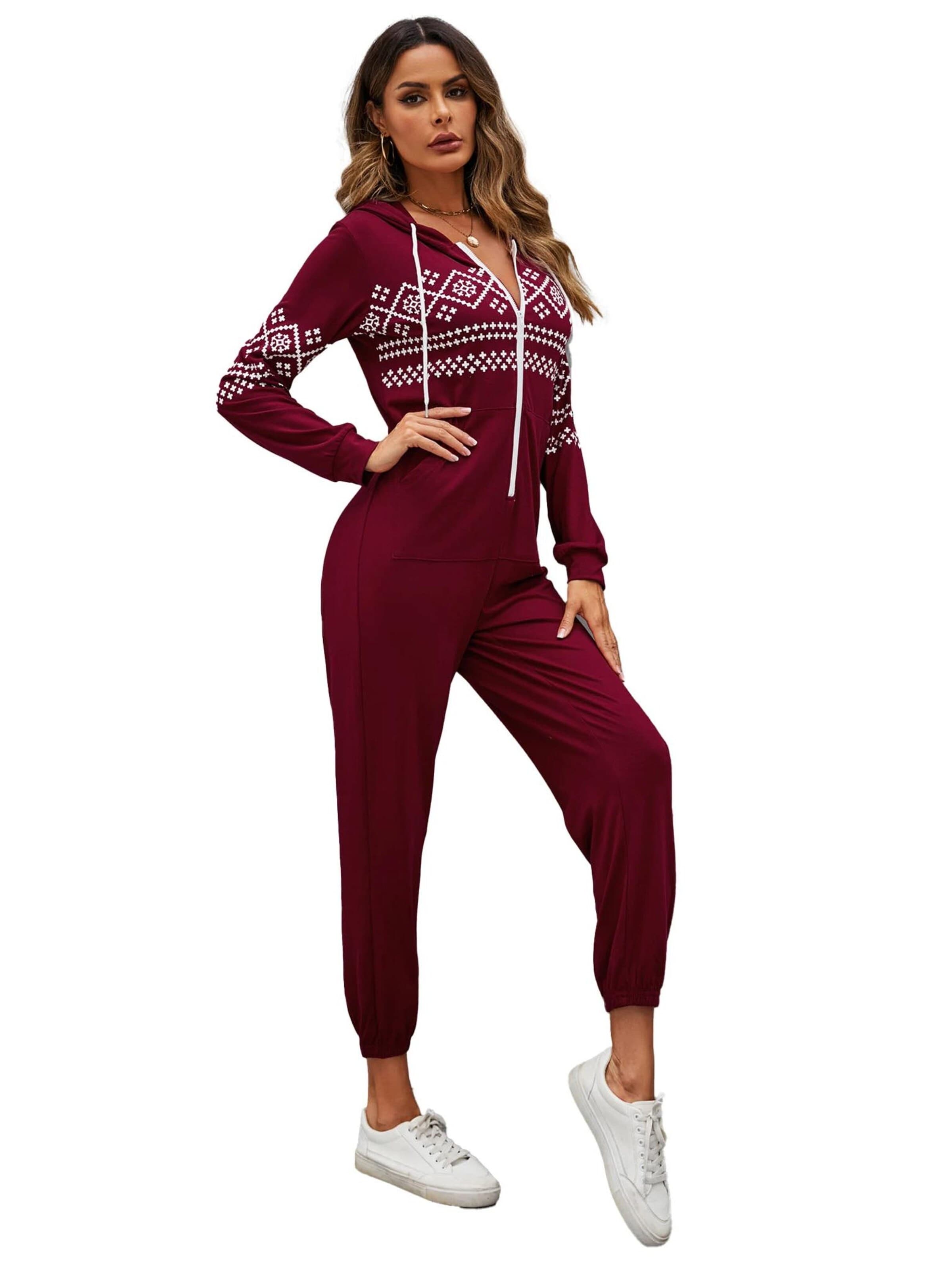 KoJooin Kombinezon 'Damen Overall mit Print, Kapuze, Kordelzug, langen Ärmeln und Taschen Bequemer Freizeit Jumpsuit' w kolorze czerwony