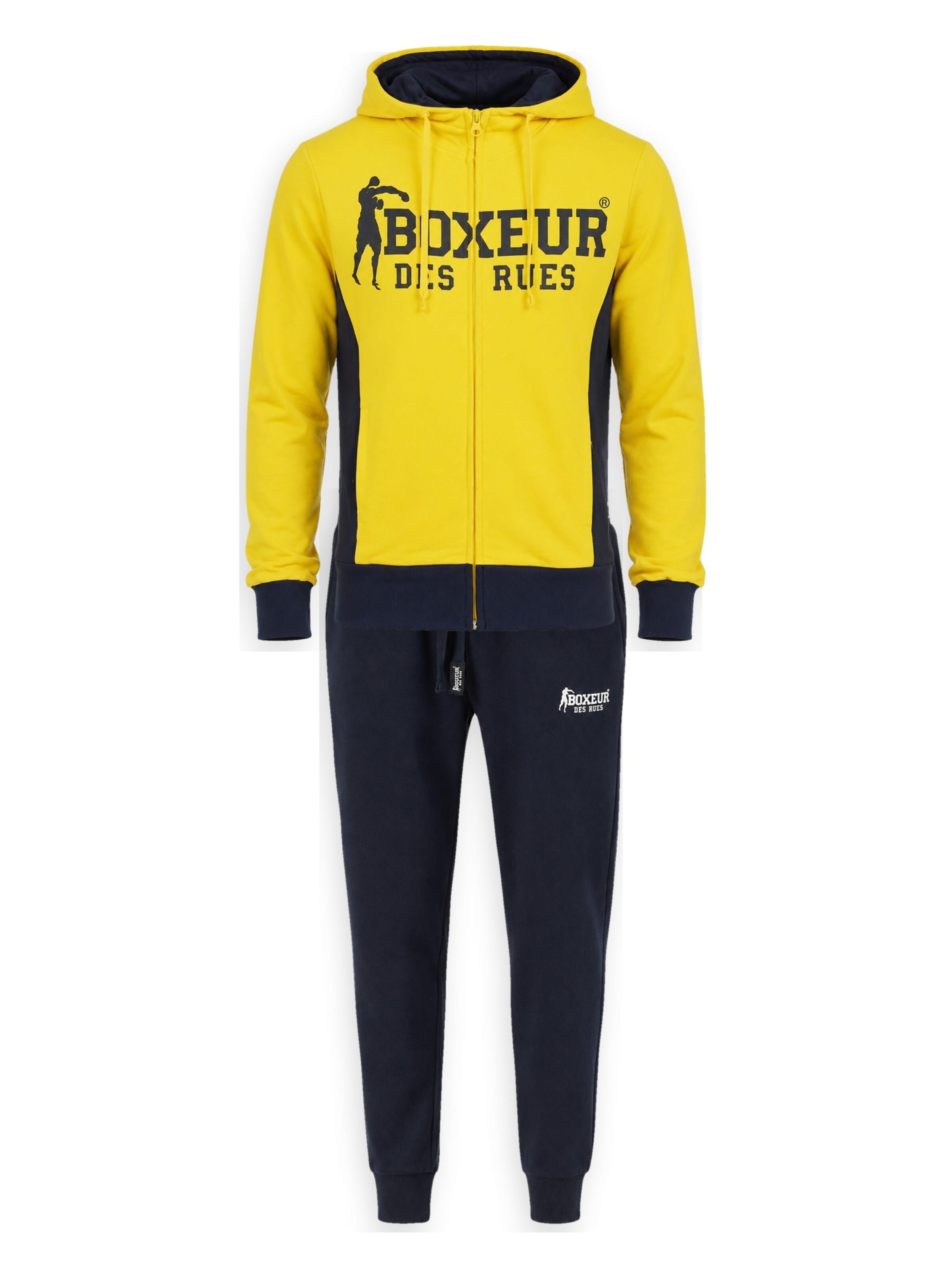 Boxeur des Rues Hausanzug 'Herren Set Boxeur des Rues: Fitted Hoodie mit Reißverschluss Gelb mit Marineblau + Jogginghose Marineblau'‌‌‌‌‌‌‌ in XXL in gelb, Produktansicht