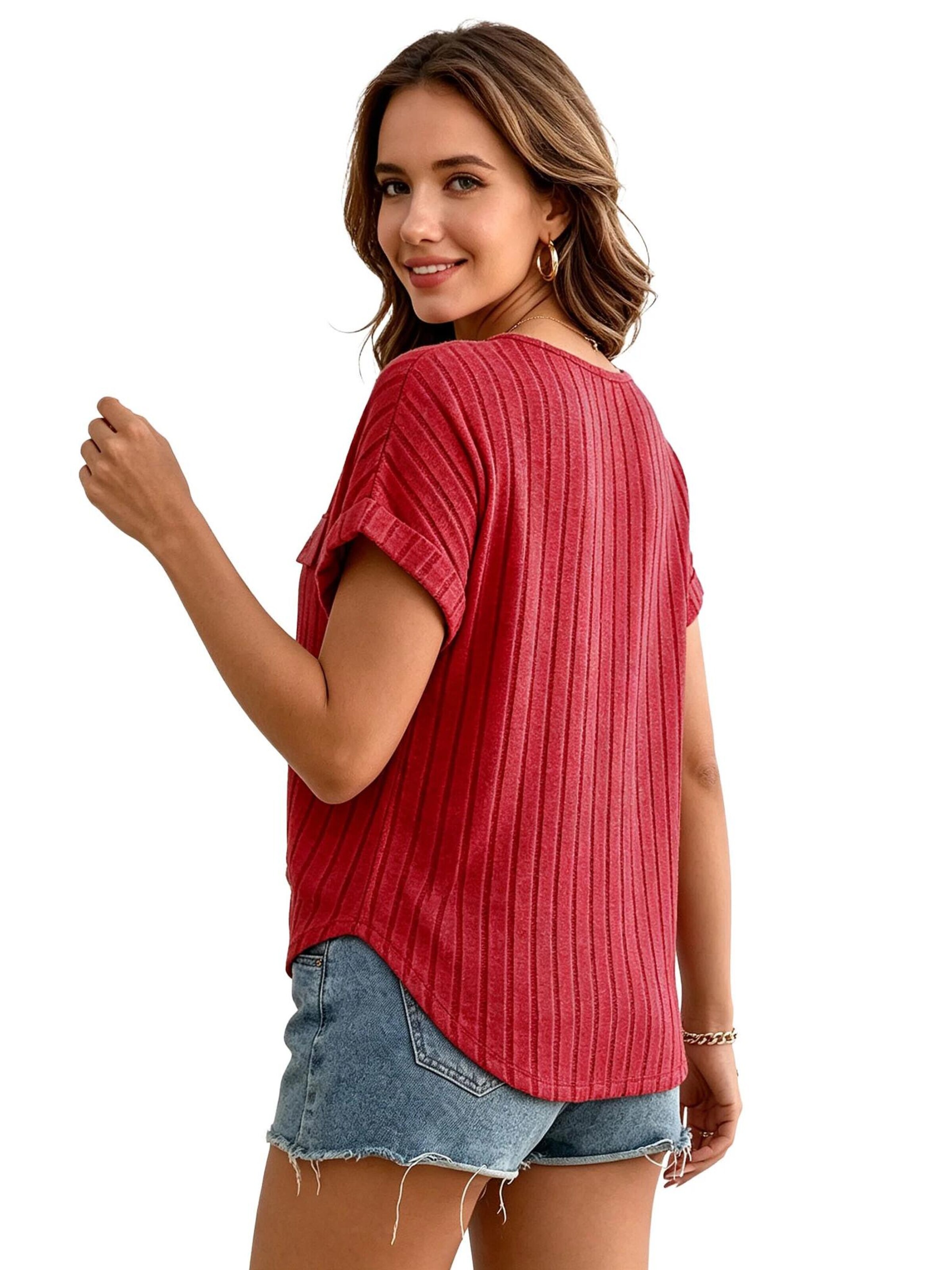 KoJooin Koszulka 'Damen Rippen-T-Shirt aufgeraut kurzarm Rundhals einfarbig | Bequemes Basic für reife Damen' w kolorze czerwony