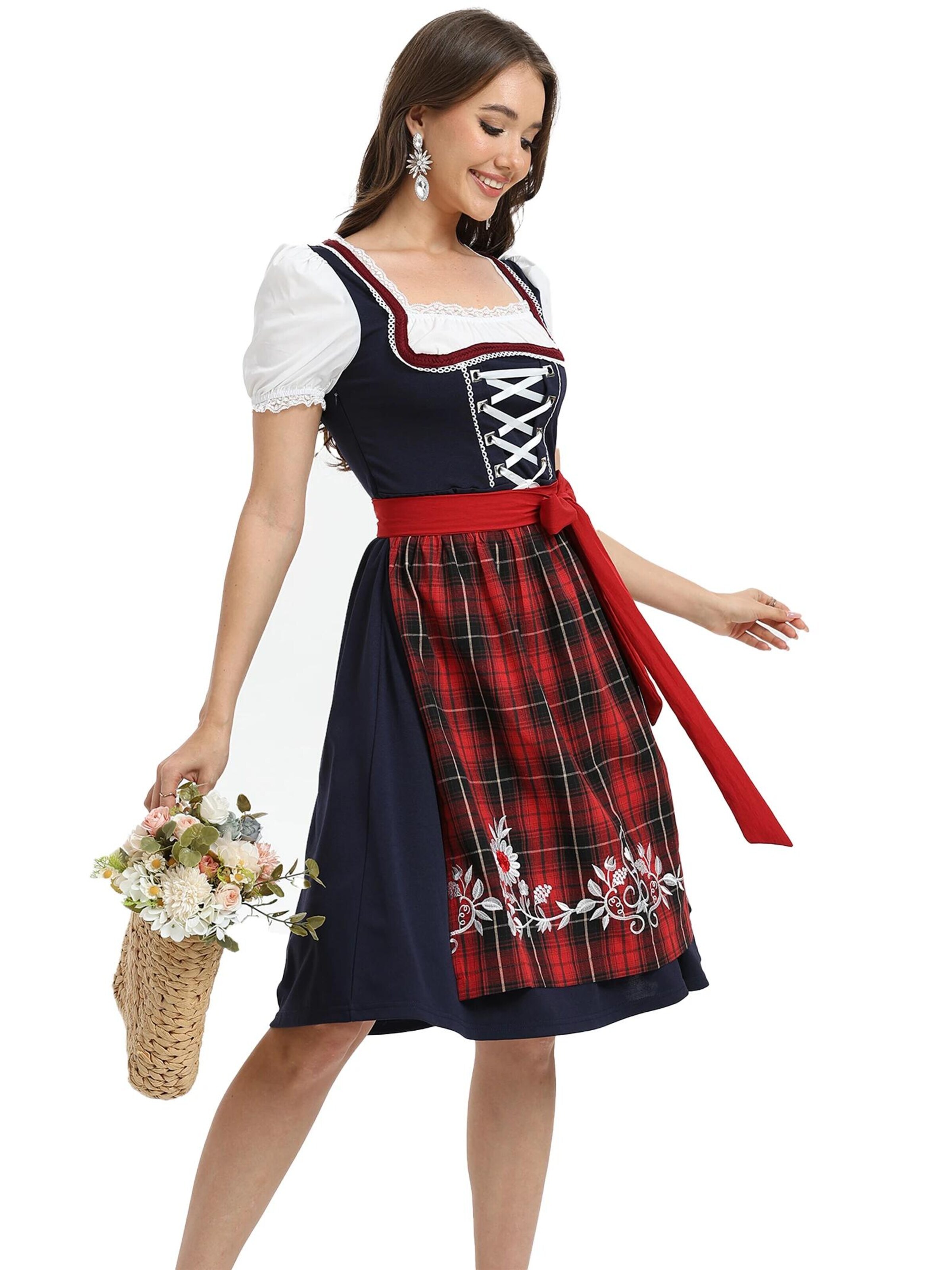KoJooin Dirndl 'Damen Rotkariertes Stickerei-Dirndl-Zweiteiler mit Schürze für Oktoberfest, Halloween & Karneval' w kolorze czerwony
