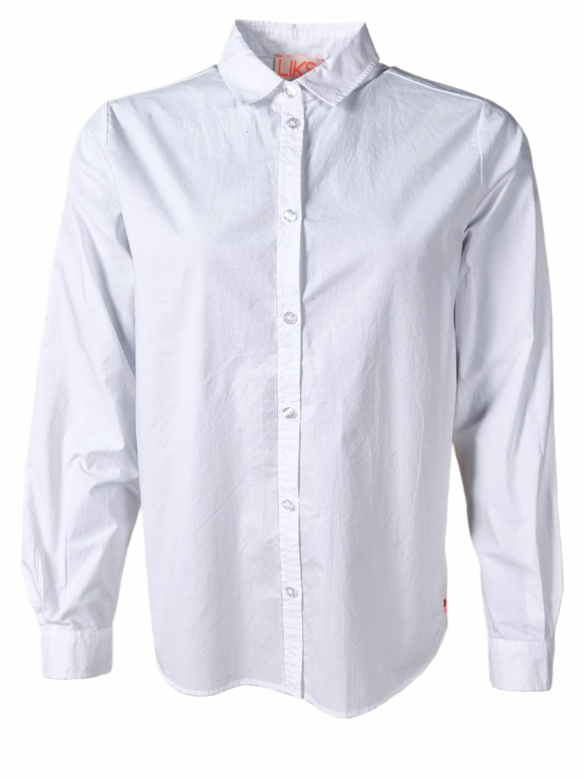Camicia da donna 'Bluse mit Knopfleiste und Schriftzug im RT' di LIKS. Munich in bianco: frontale