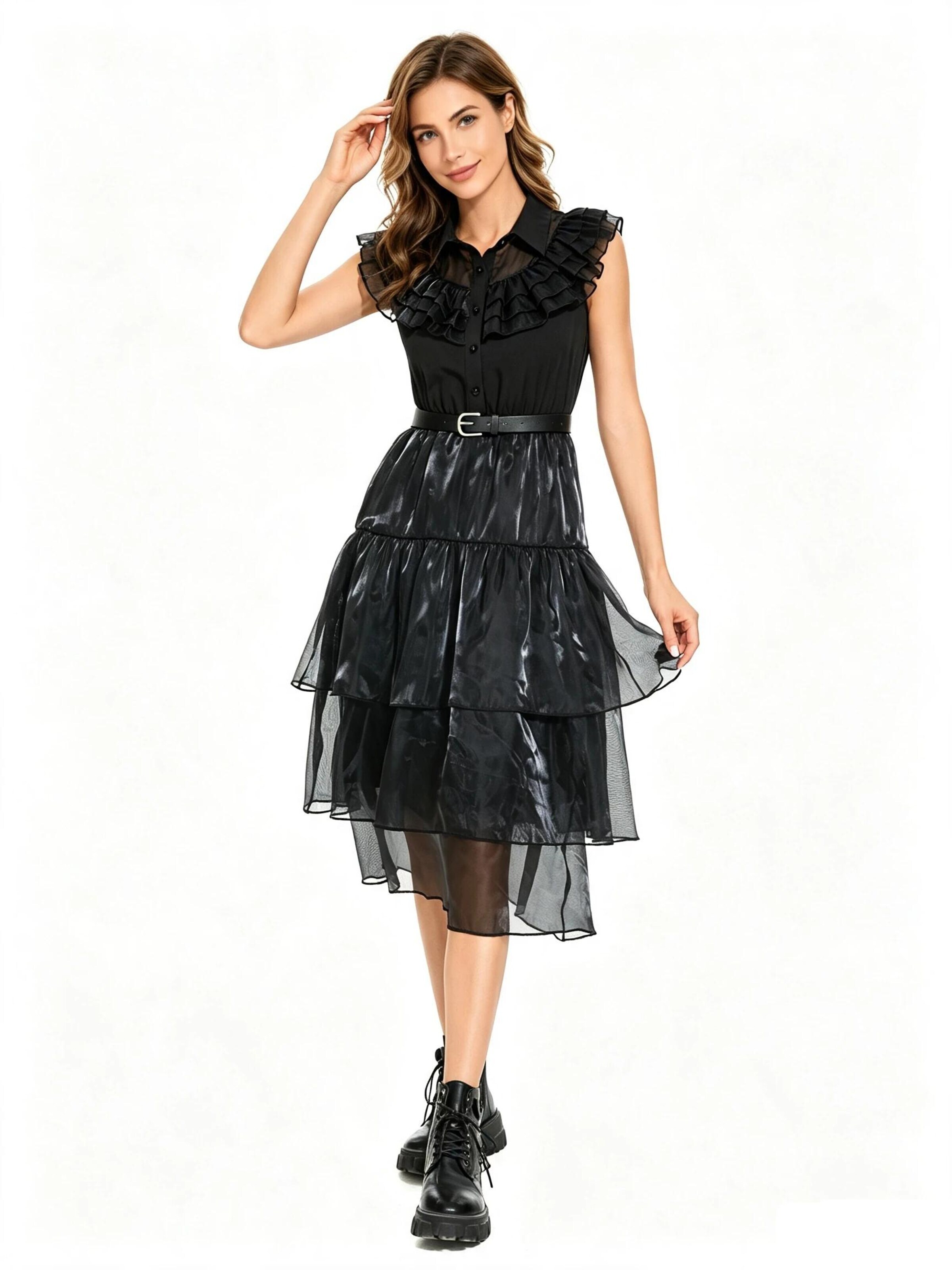KoJooin Kleid 'Frauen Dirndl Schwarz Layer-Rüschen Hemdkleid Gürtel Casual Party'‌‌‌‌‌ in 36 in schwarz, Produktansicht