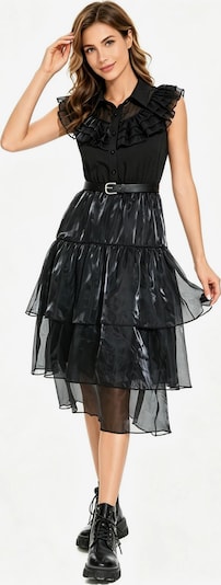 KoJooin Kleid 'Frauen Dirndl Schwarz Layer-Rüschen Hemdkleid Gürtel Casual Party' in 36 in schwarz, Produktansicht