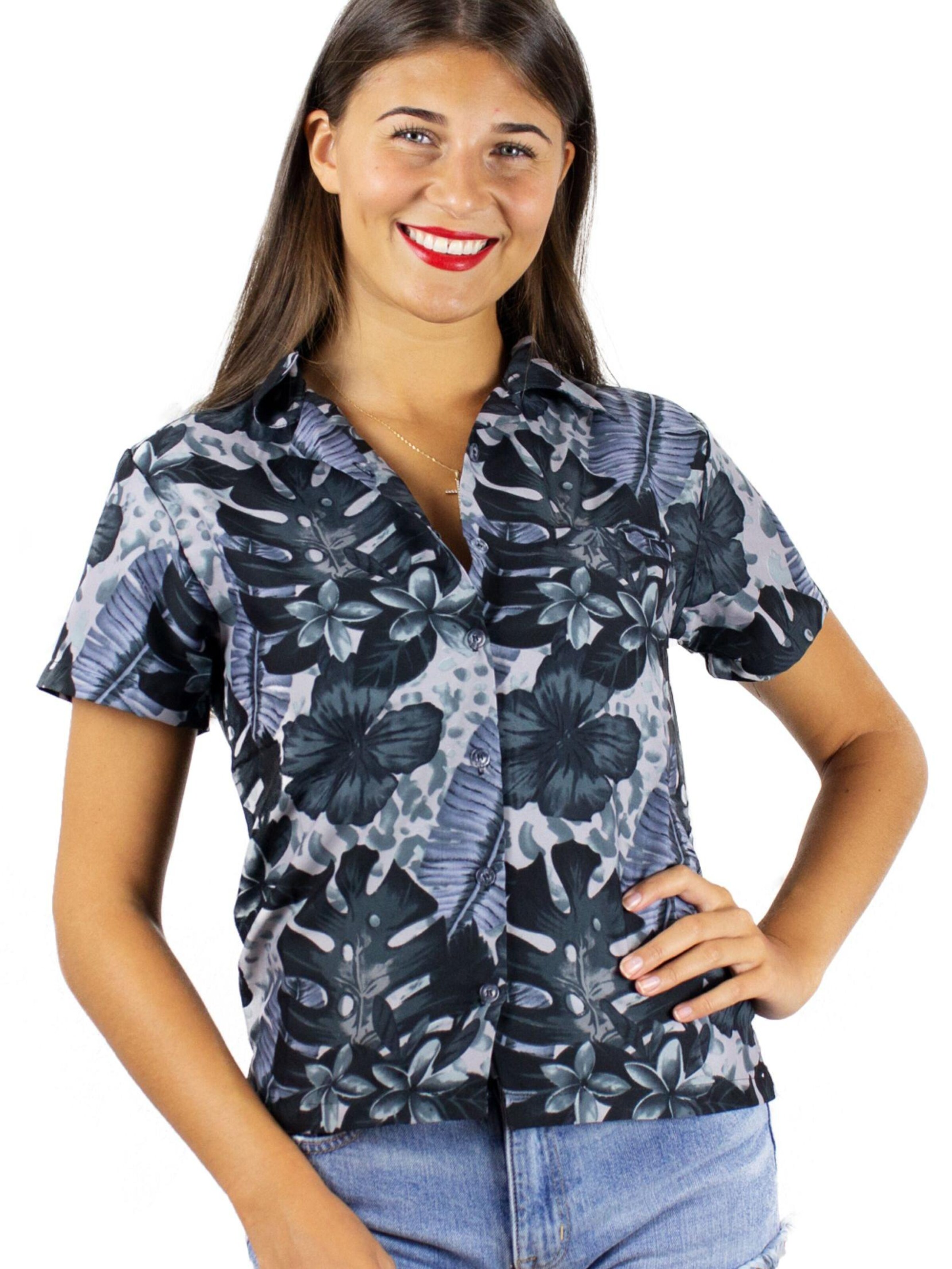 King Kameha Bluse 'Green Purple Flower'‌‌‌‌‌‌‌‌‌ in Schwarz: Vorderseite