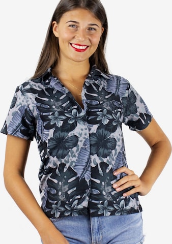 King Kameha Bluse 'Green Purple Flower' in Schwarz: Vorderseite