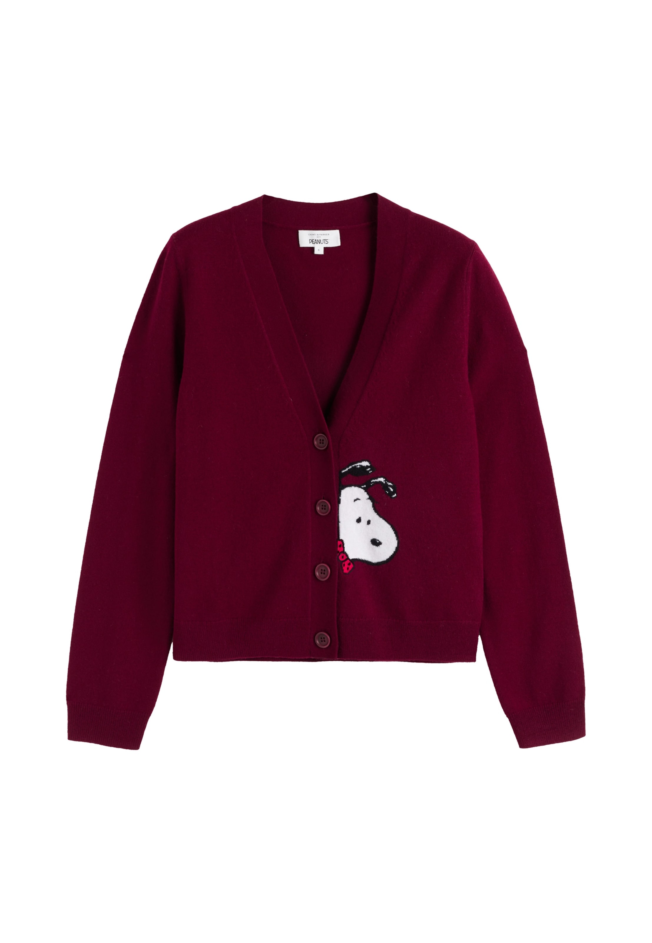 Chinti & Parker Cardigan 'Snoopy Peekabow' i rød: forside