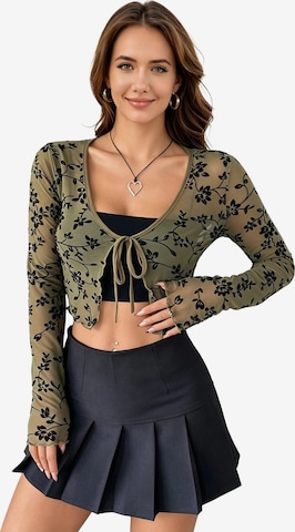 KoJooin Kardigan 'Damen-Crop-Cardigan mit langen Ärmeln,floraler Spitze,transparentem Mesh-Einsatz und Bindeband vorne' w kolorze zielony: przód