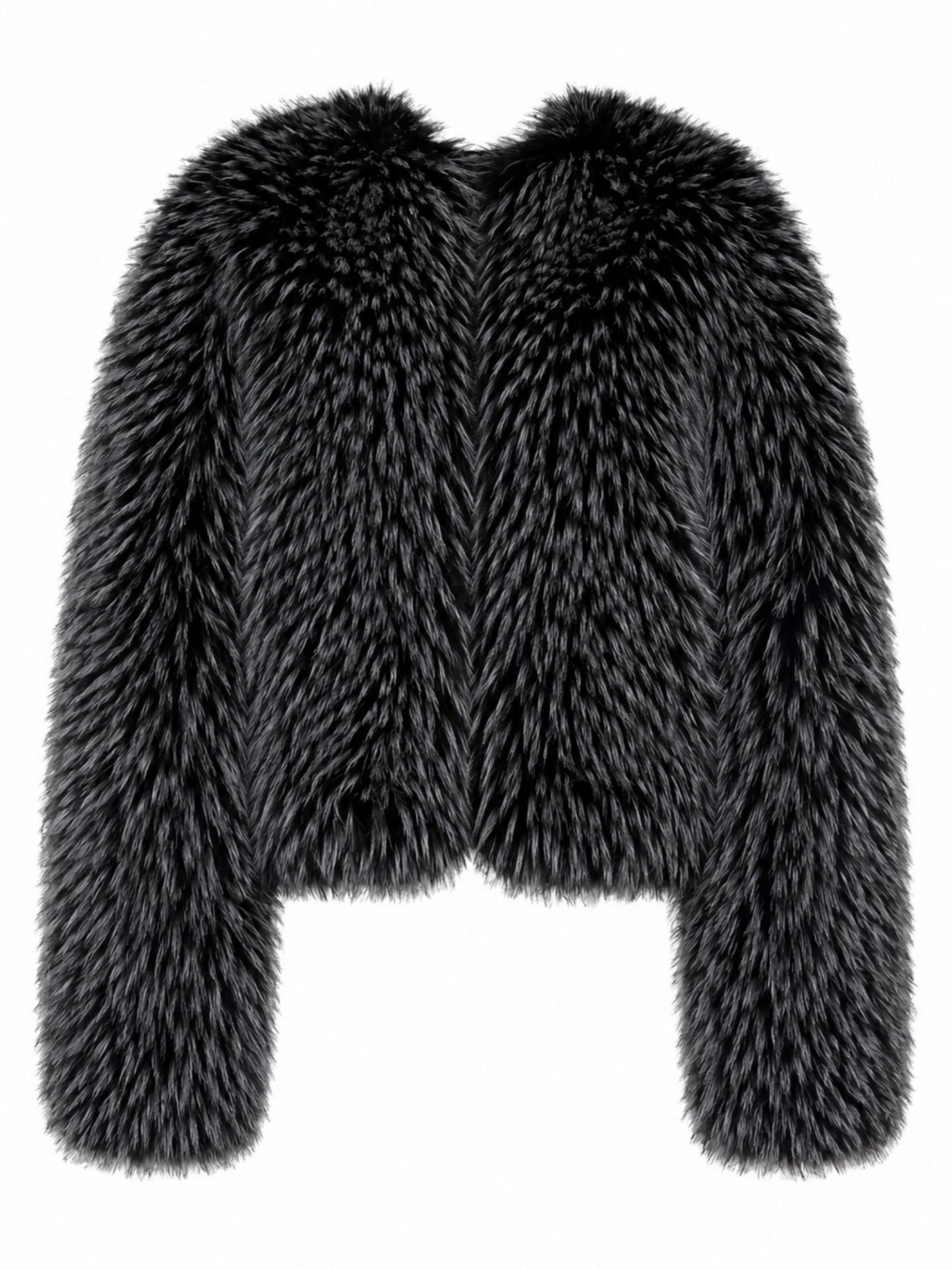 BASSIA Winter Coat 'Gilda Black Raccoon Faux Fur Bomber' in Black: front