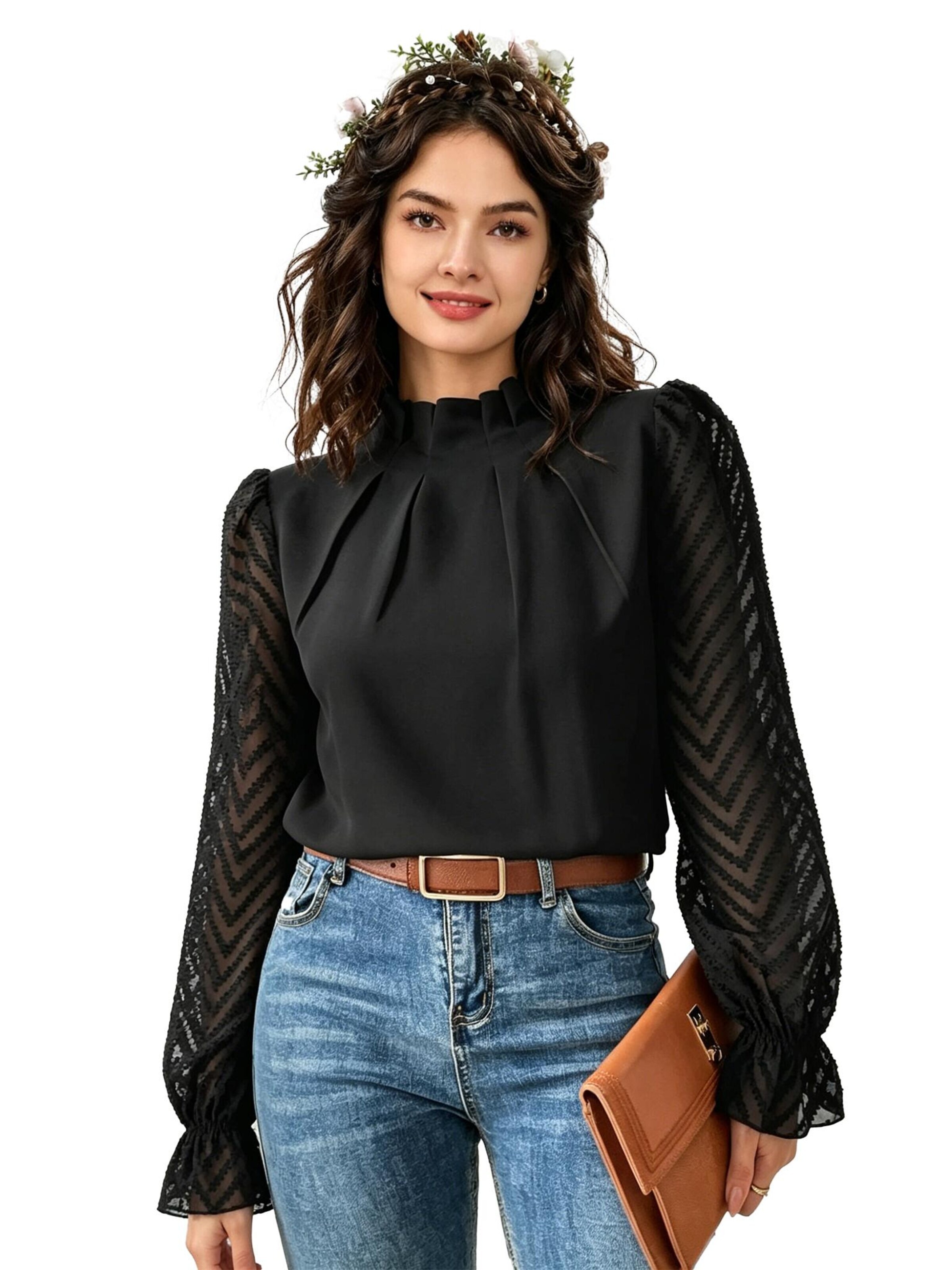 KoJooin Bluse 'Damen Langarmblusen aus Chiffon mit Rüschenbündchen und niedlichem Rüschenkragen'‌‌‌ in Schwarz