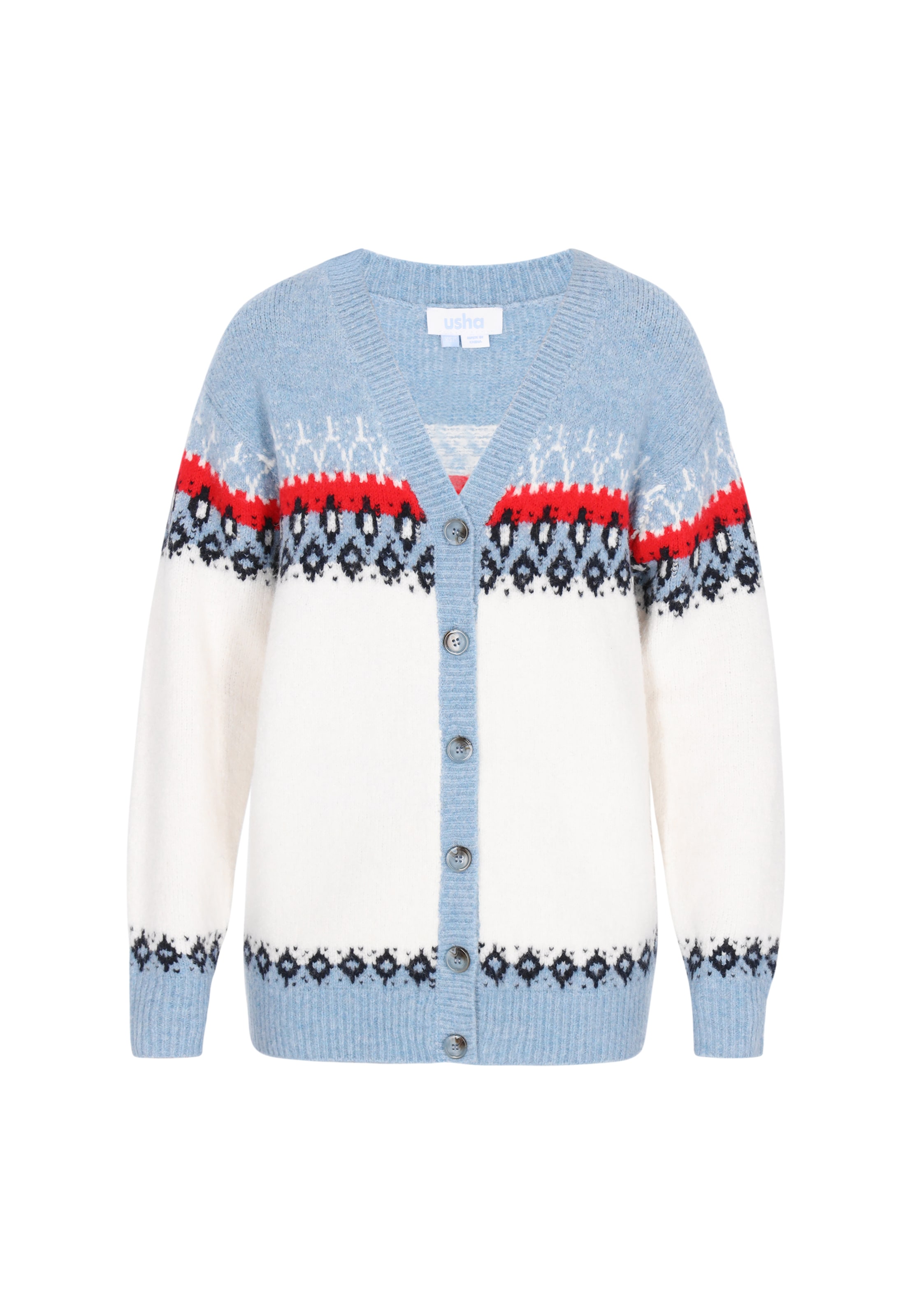 usha BLUE LABEL Cárdigan talla grande en azul cielo / rojo / negro / offwhite, Vista del producto