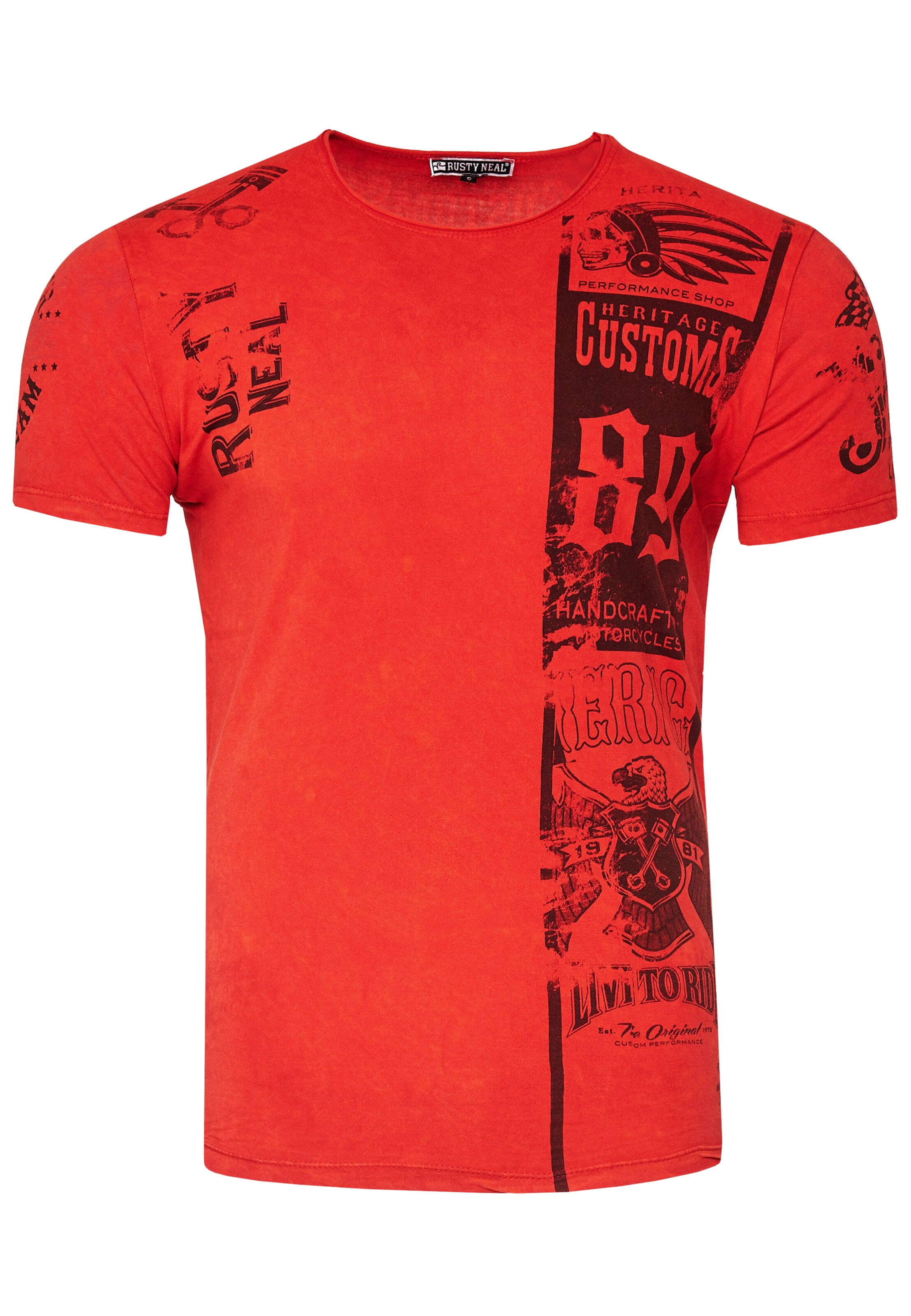 Rusty Neal T-Shirt mit modernem Front & Back Print in Rot: Vorderseite
