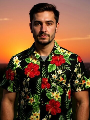 Hawaiihemdshop.de Regular fit Button Up Shirt 'Colourful Flowers' in Black