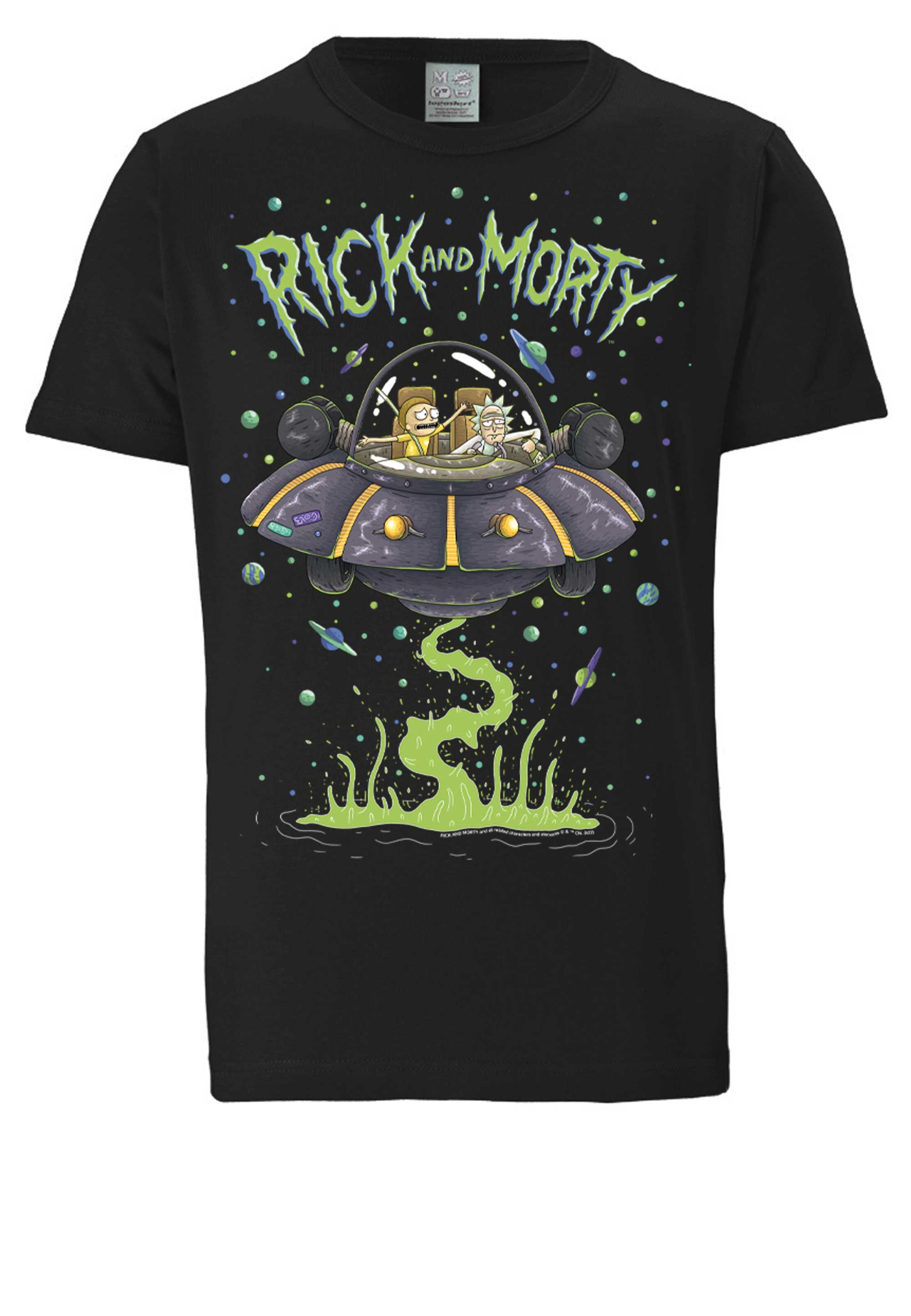 LOGOSHIRT Shirt 'Rick & Morty - Raumschiff' in Black: front
