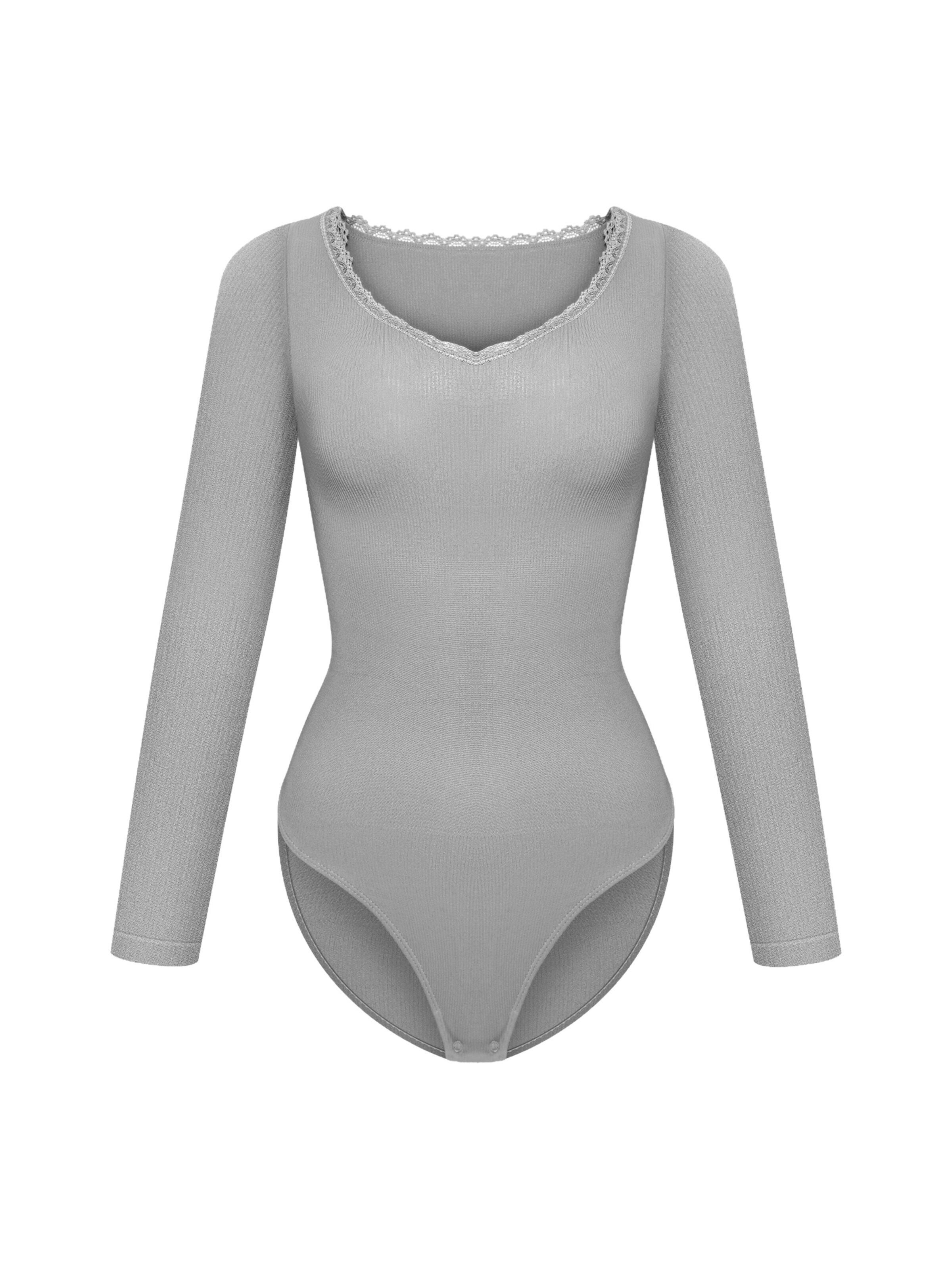 cfab Body 'Ribbed Longsleeve V-Neck Sculpting Lace Bodysuit with Slip' in Grijs: voorkant