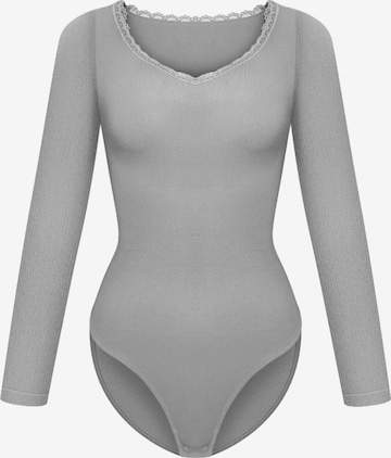 cfab Body 'Ribbed Longsleeve V-Neck Sculpting Lace Bodysuit with Slip' in Grijs: voorkant