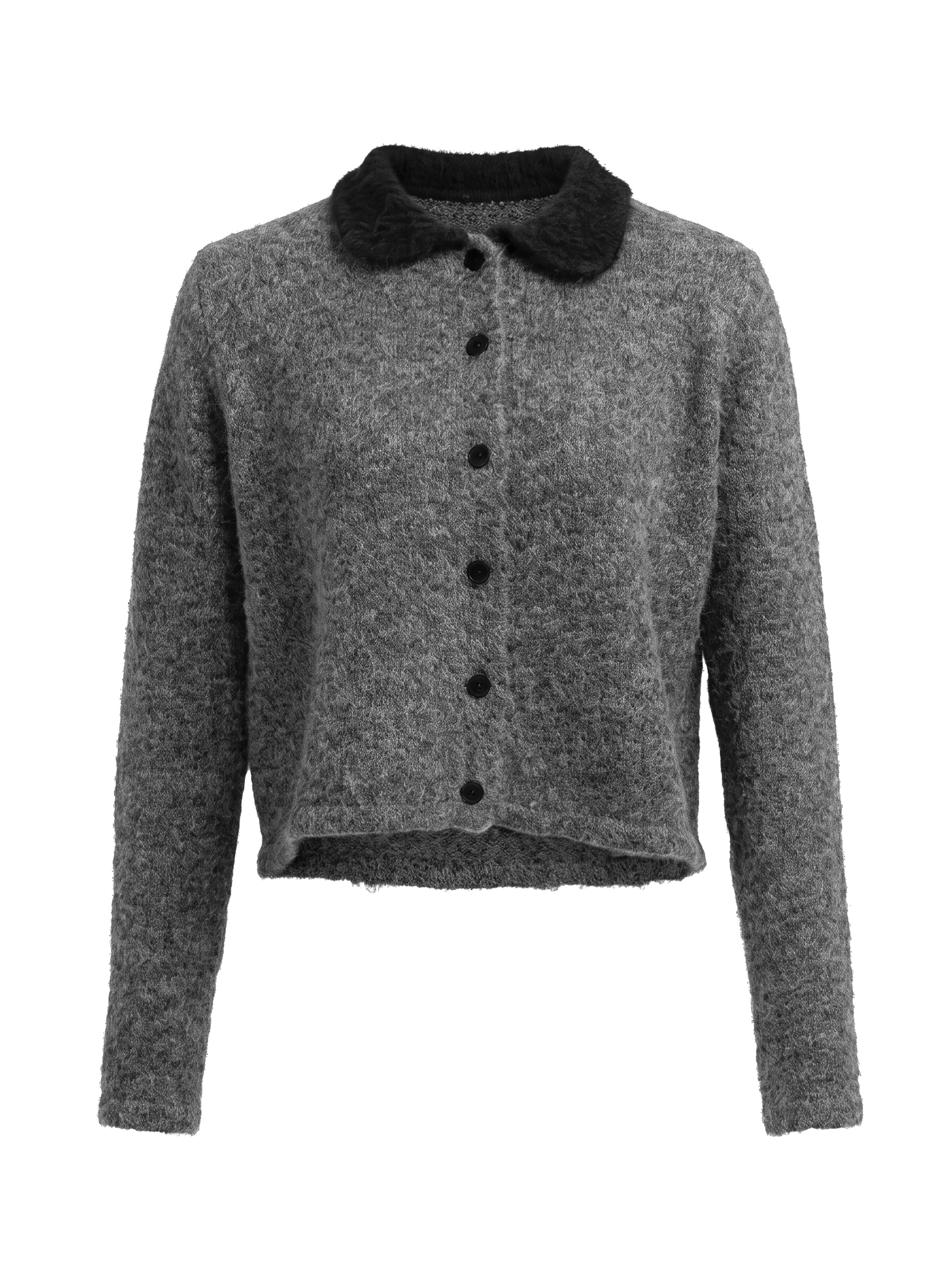 TorWeit Knit Cardigan 'Dark Grey Button-Front Cardigan with Contrast Collar' in Grey: front