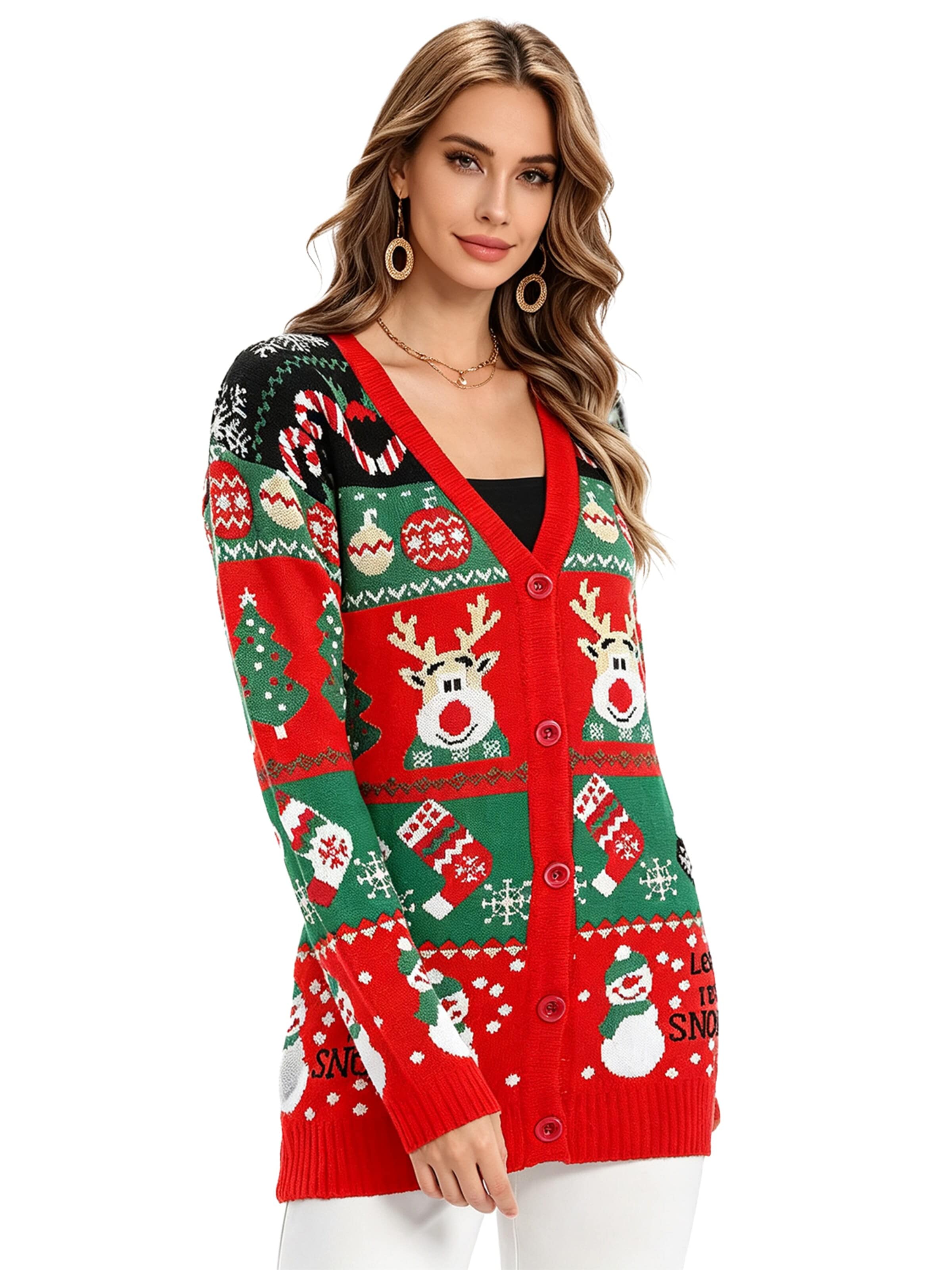 KoJooin Knit cardigan 'Damen Ugly Christmas Sweater mit Rentier Lustiger festlicher Strickpullover mit Schneeflocken' in Red