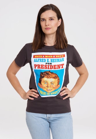 LOGOSHIRT Shirt 'Mad - Alfred E. Neumann For President' in Grijs: voorkant