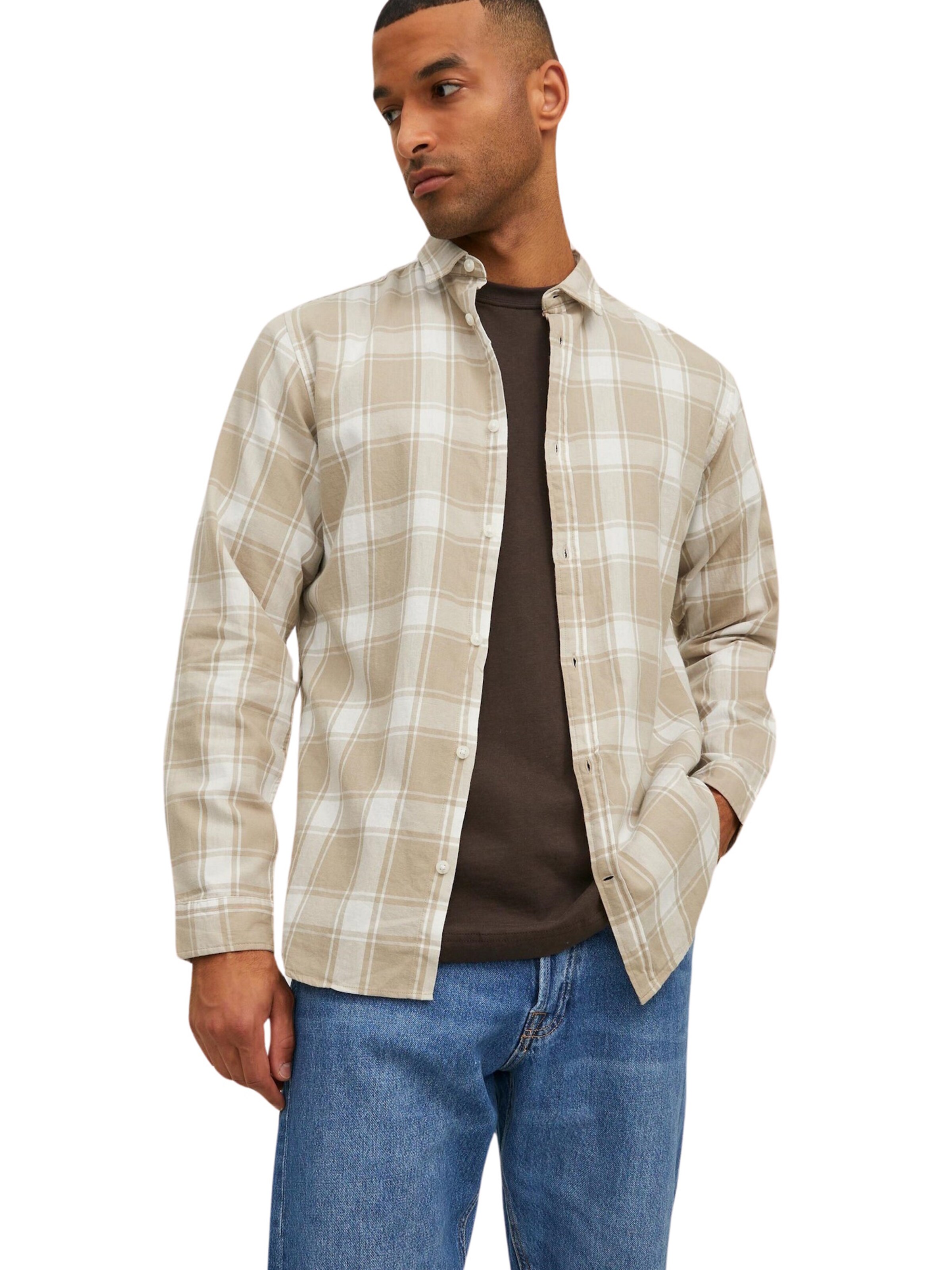 JACK & JONES - Slim Fit Camisa 'GINGHAM' em bege
