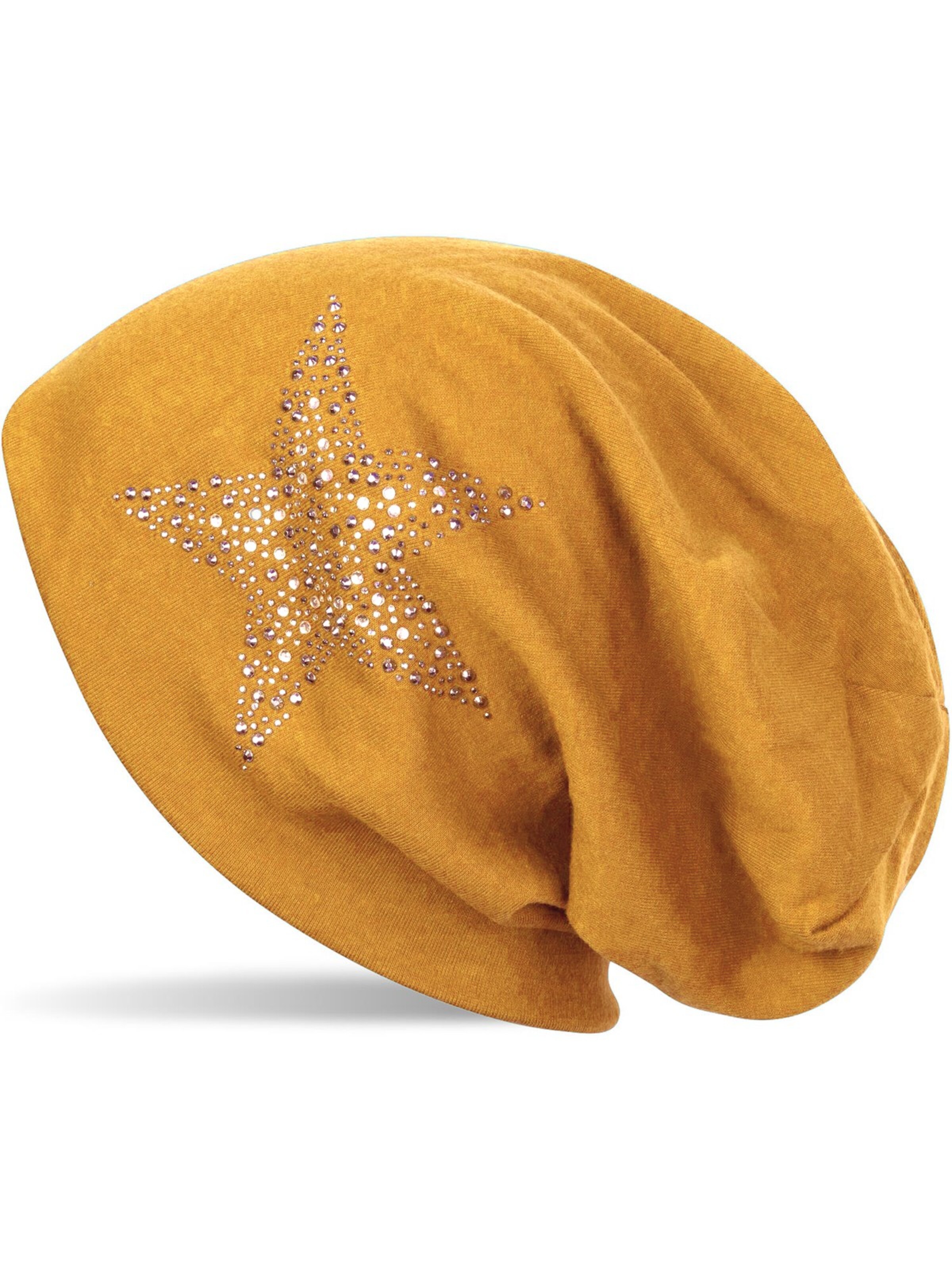 styleBREAKER Beanie 'Beanie Mütze mit Strass Nieten Stern' in Yellow: front